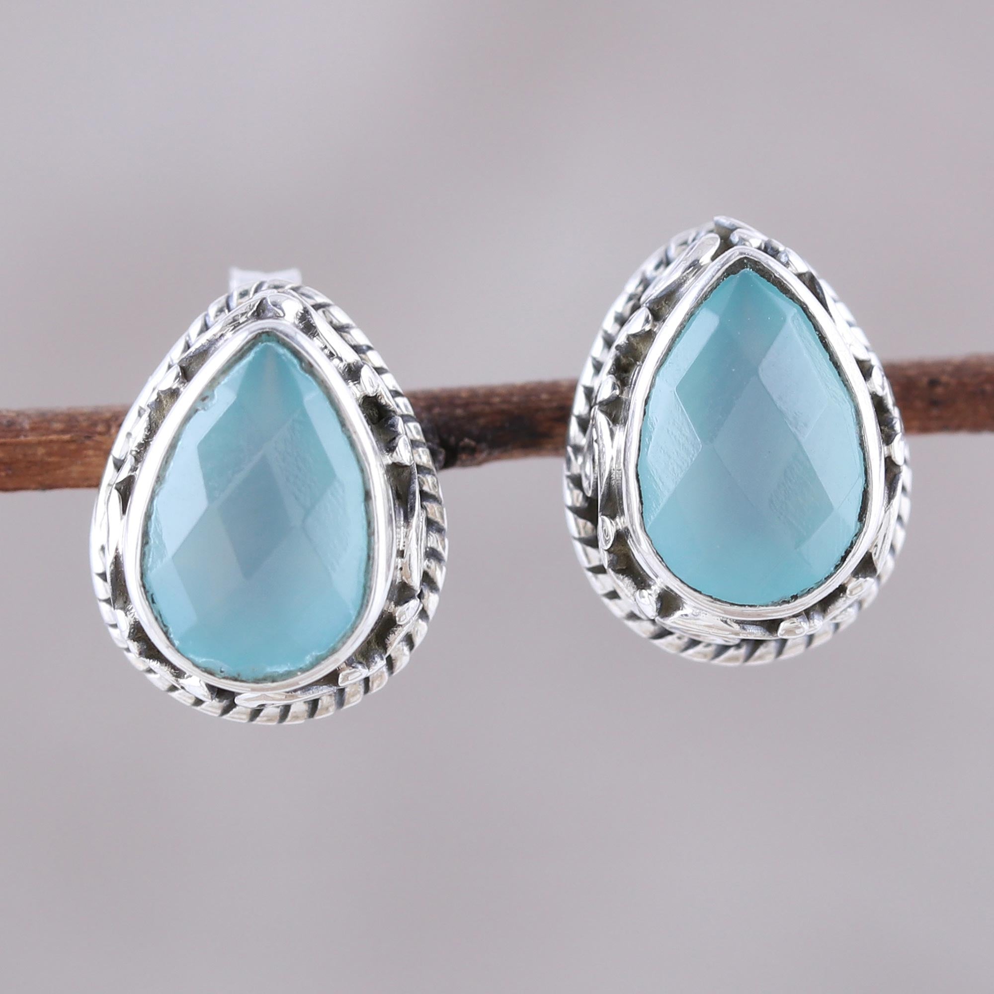 Premium Sky Blue Chalcedony Teardrop Earrings - Handcrafted Sterling Silver