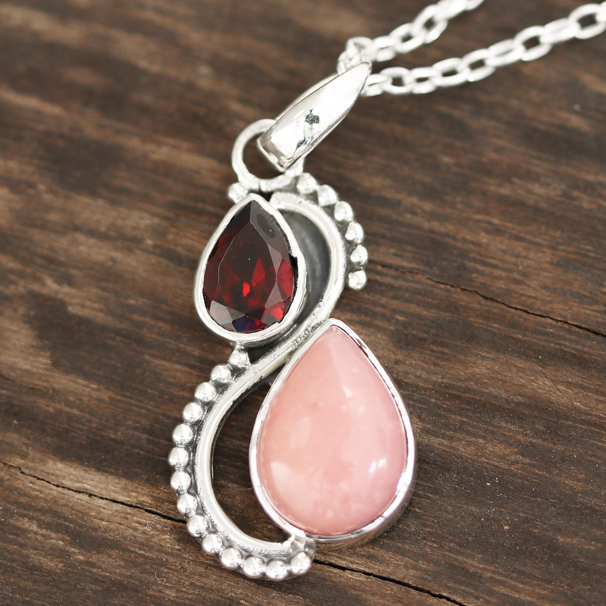 Premium Teardrop Garnet & Opal Pendant Necklace - Handcrafted Sterling Silver Jewelry from India