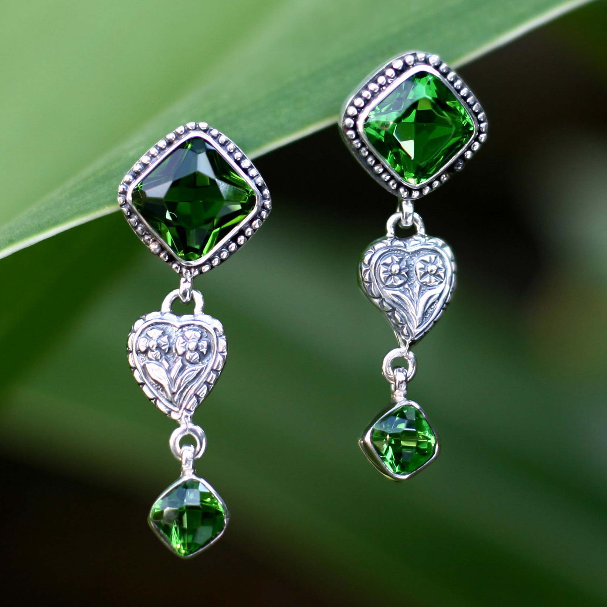 Premium Sterling Silver Heart Drop Earrings with Green Glass Accents