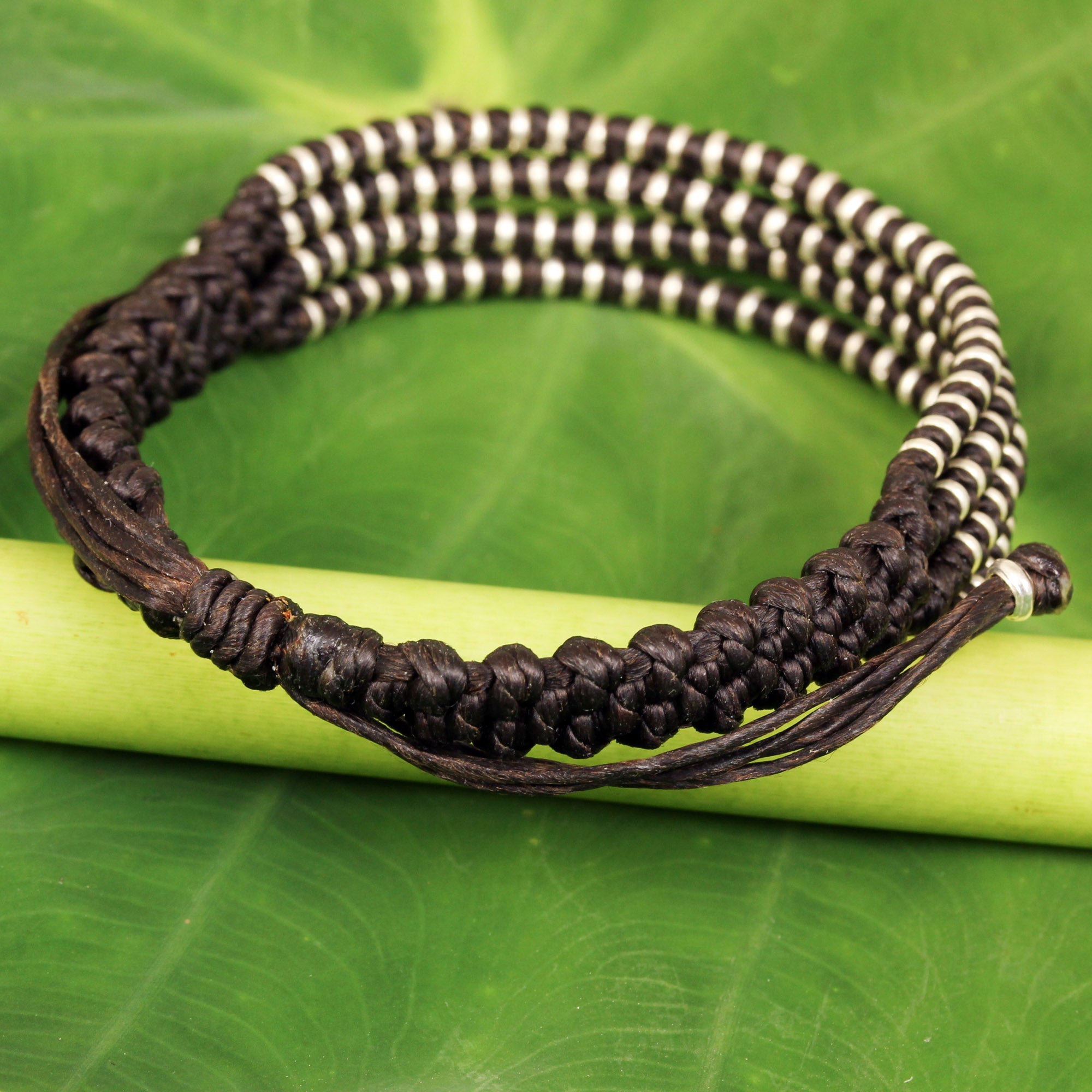 Premium Thai Hill Tribe Silver Macrame Bracelet - Dark Brown & Silver 950