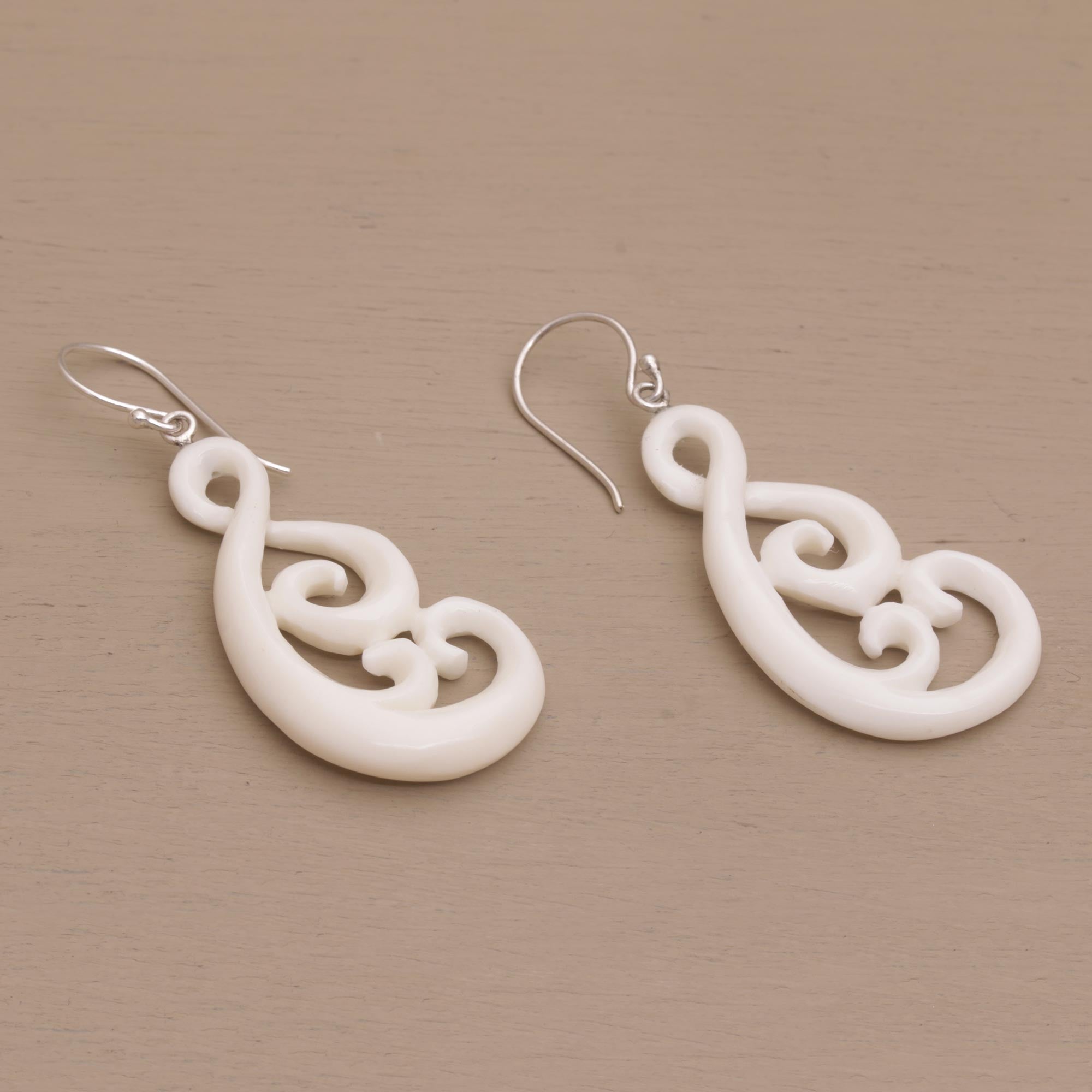 Premium Handcrafted Swirly Vines Bone Dangle Earrings from Bali