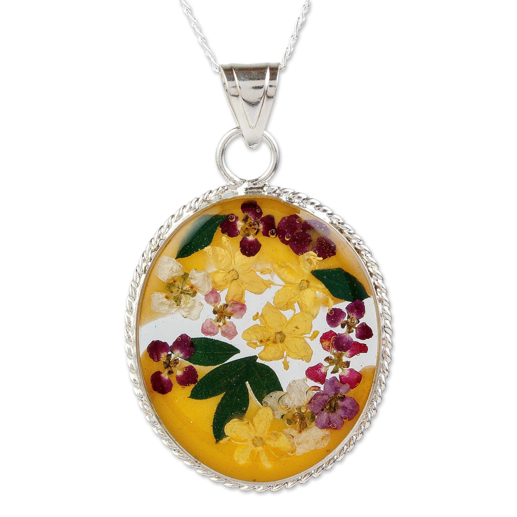 Premium Eternal Blossom Sterling Silver Necklace with Yellow Dried Flower Pendant