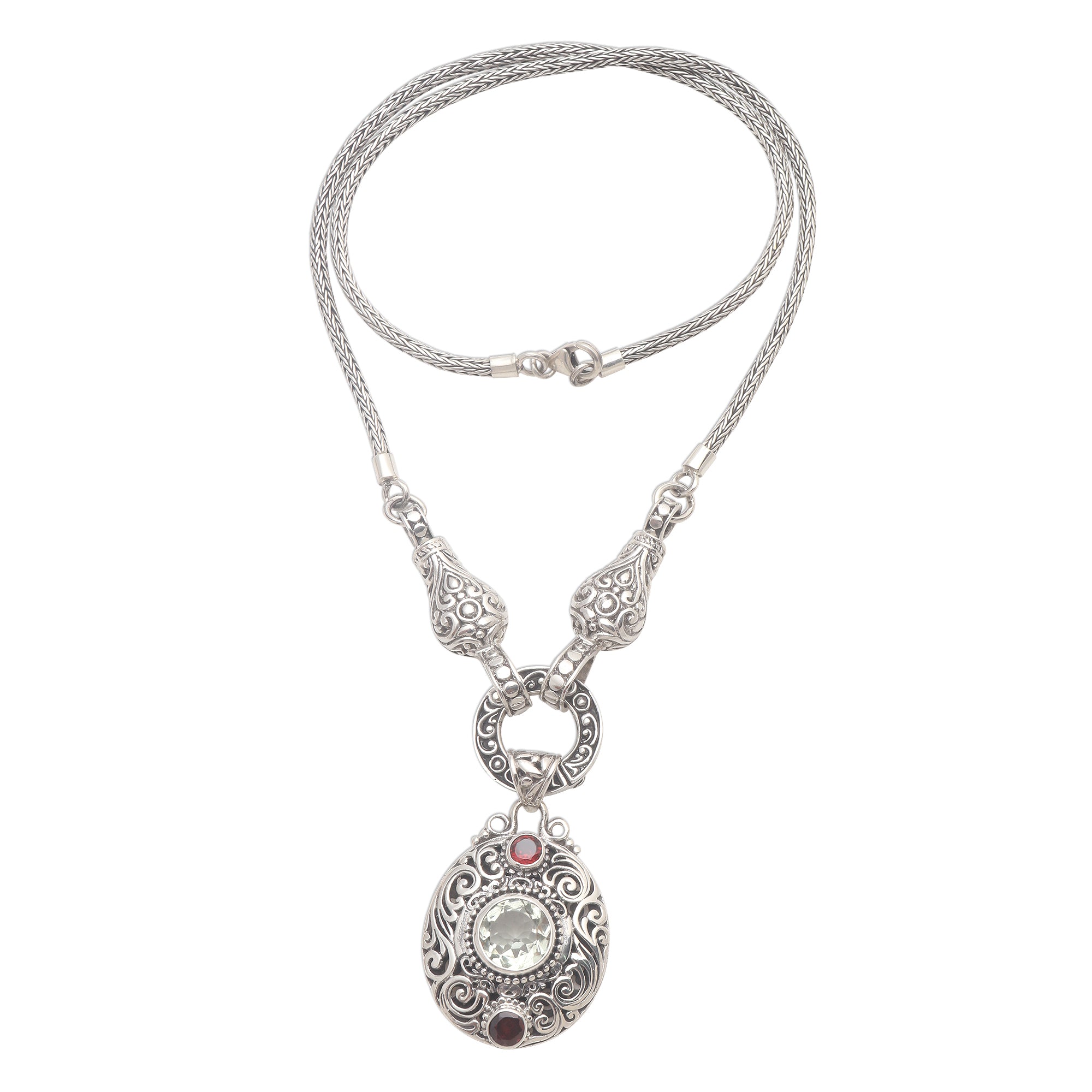 Premium Sterling Silver Prasiolite & Garnet Y-Necklace – Ultimate Elegance