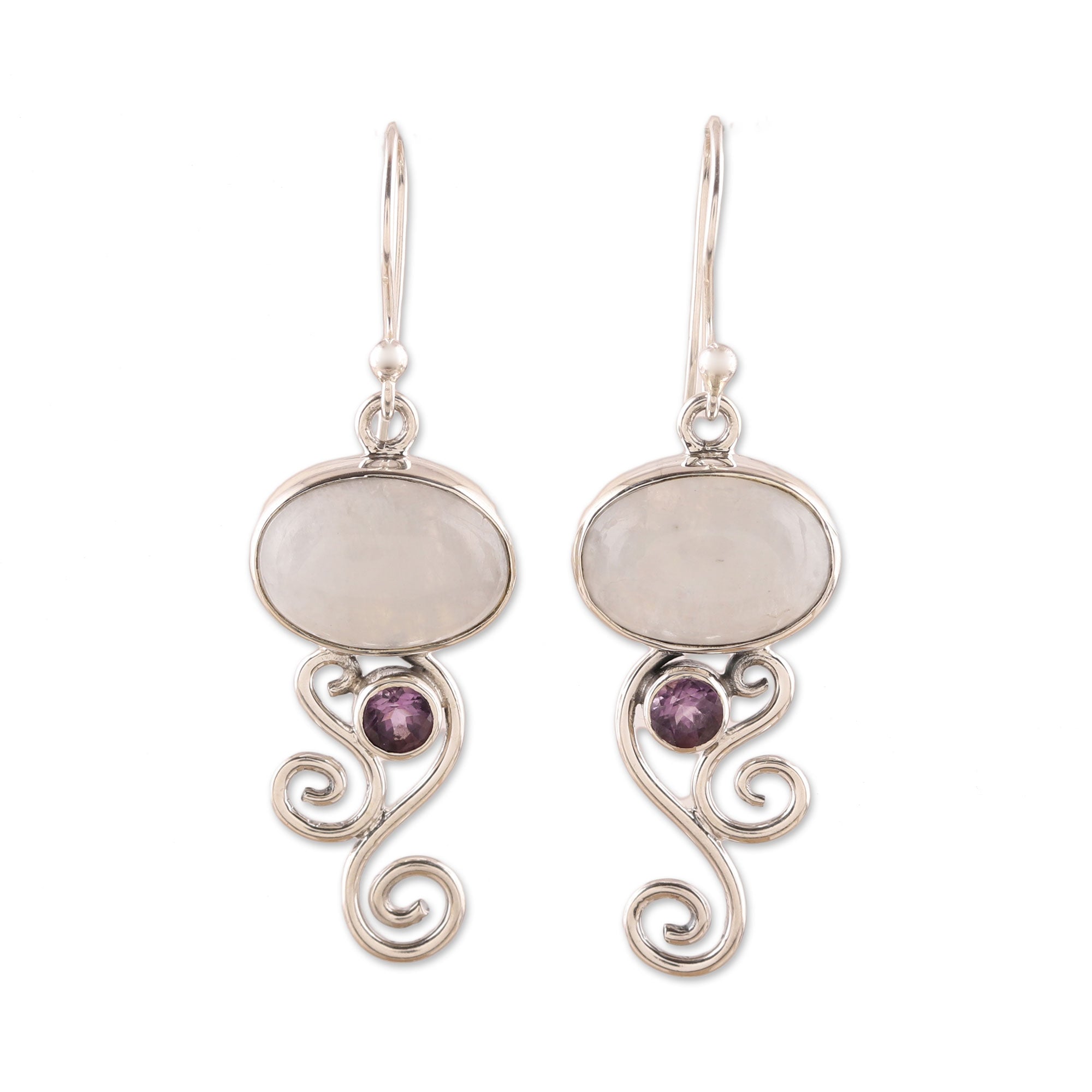 Premium Oval Tendrils Rainbow Moonstone & Amethyst Dangle Earrings - Handcrafted in India