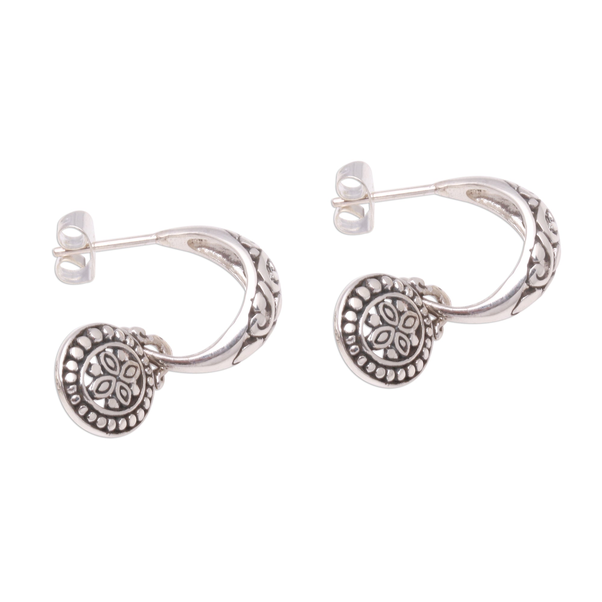 Premium Bali Sterling Silver Half-Hoop Dangle Earrings - Handcrafted Elegance