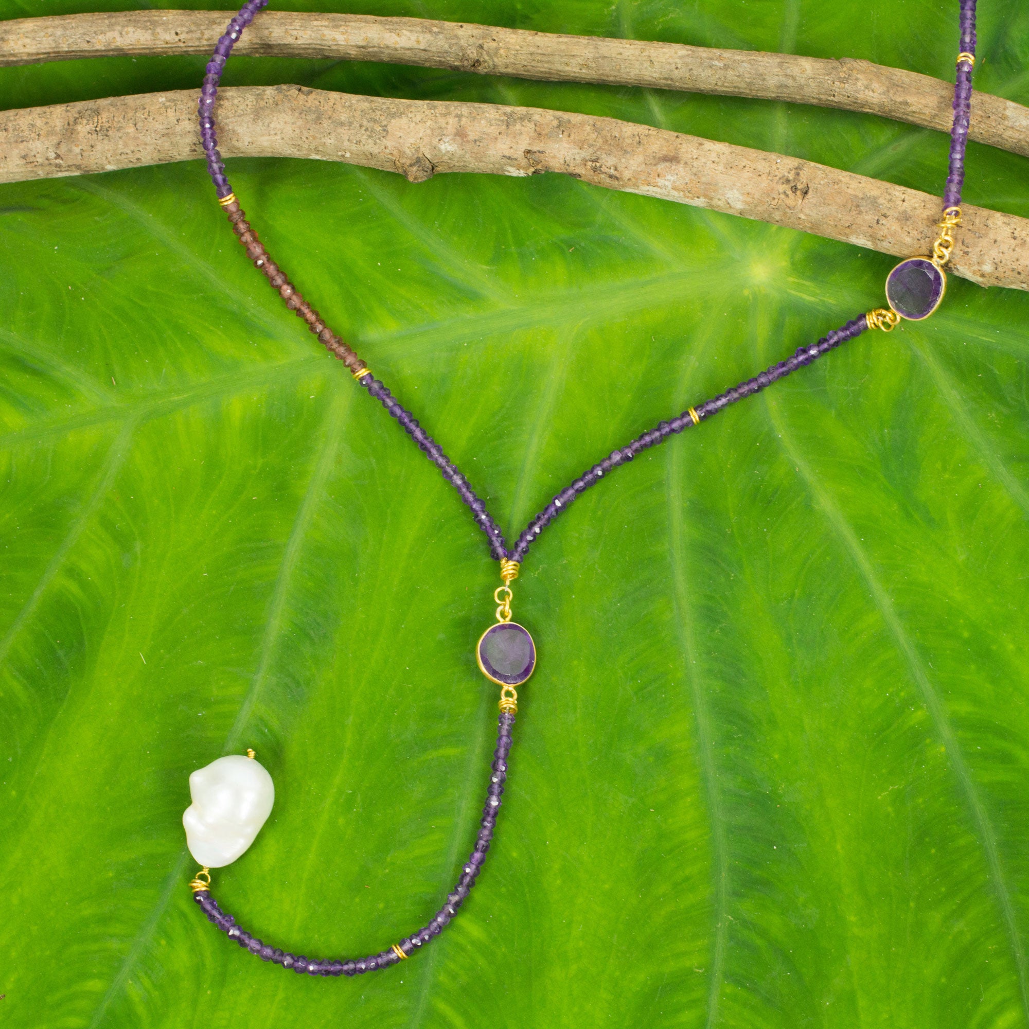 Premium Spellbound Amethyst Garnet & Pearl Long Beaded Necklace