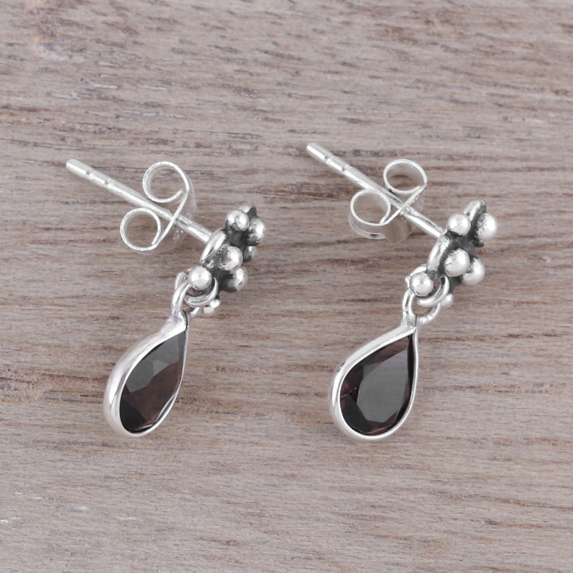 Premium Trinity Glitter Dangle Earrings with Smoky Quartz - Sterling Silver Elegance