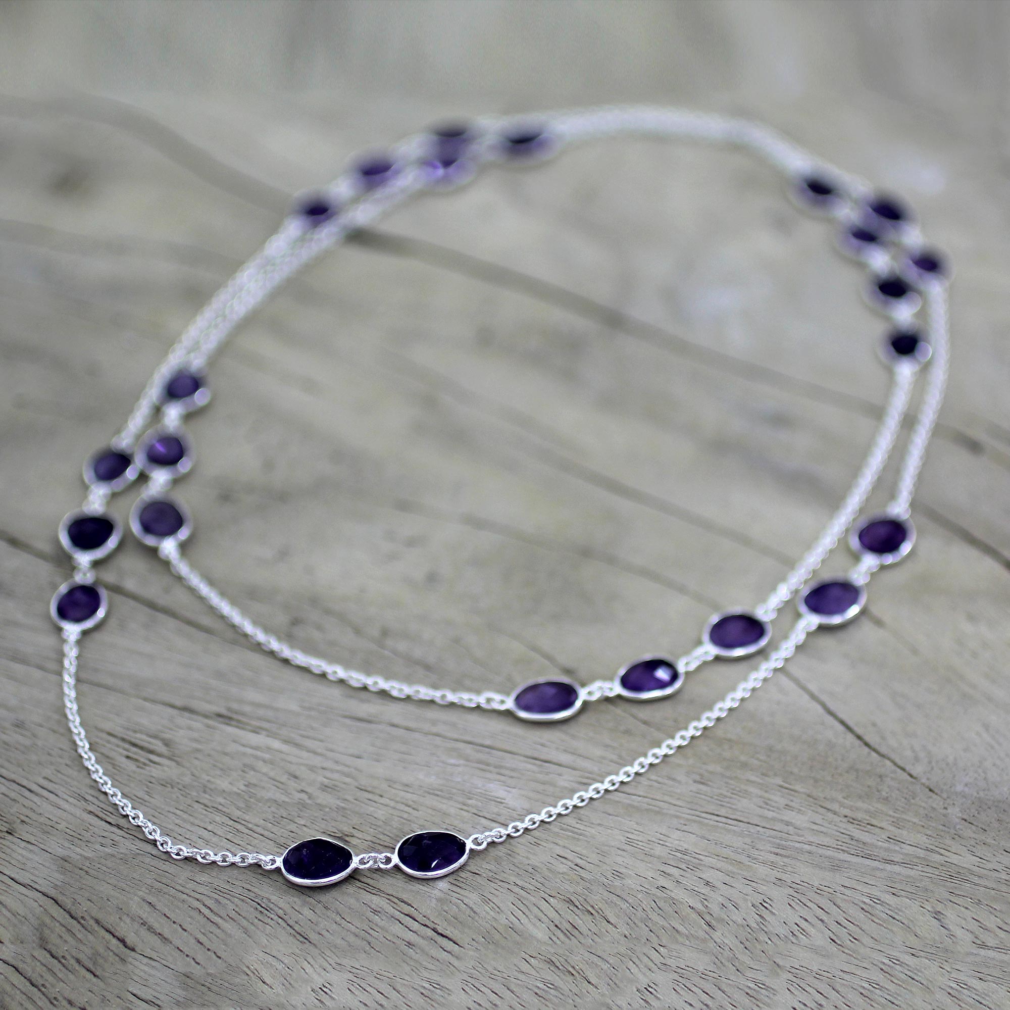 Premium Amethyst Sterling Silver Long Necklace - Handcrafted Elegance by Indian Artisans