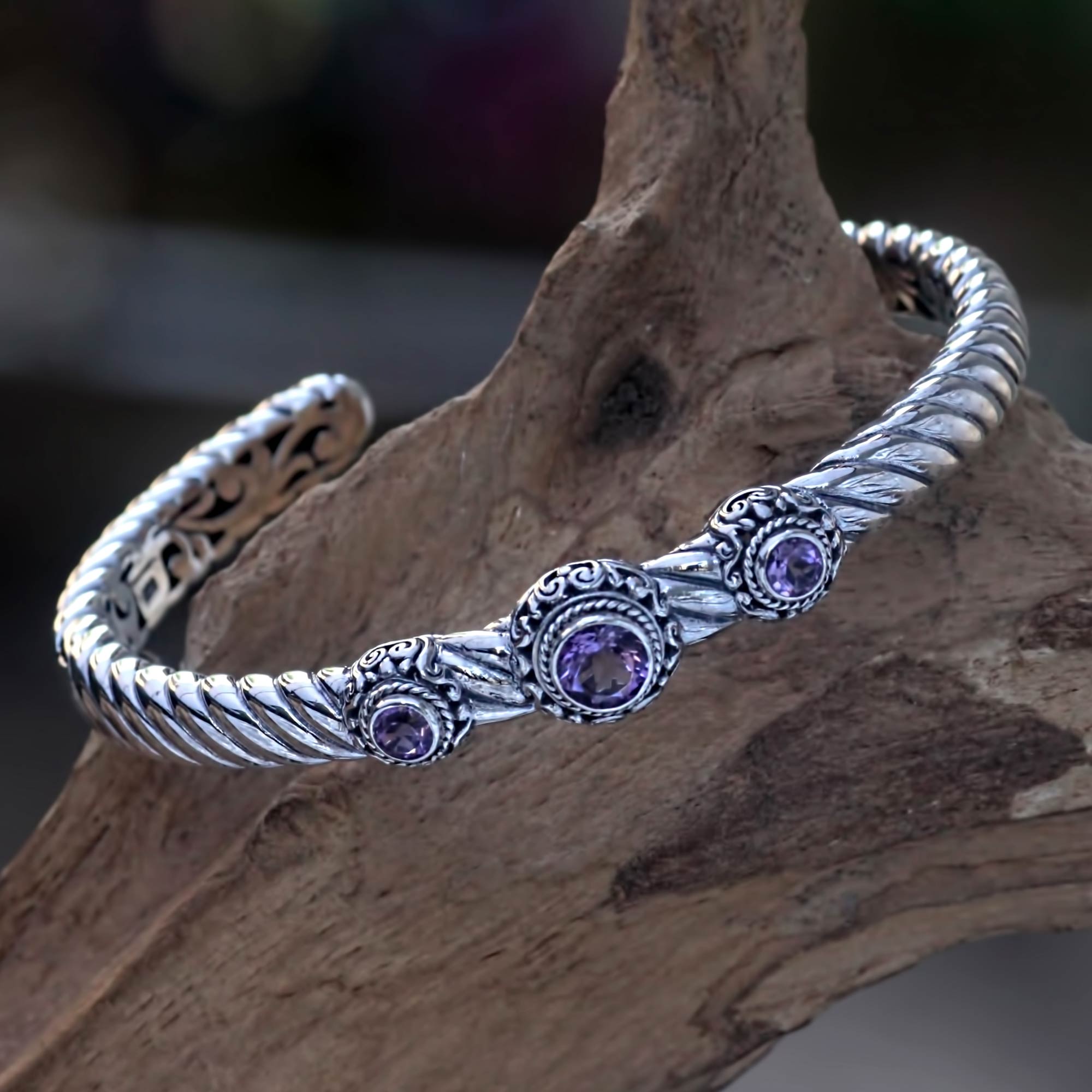 Premium Triple Crown Purple Amethyst Sterling Silver Cuff Bracelet - Bali Handcrafted Jewelry