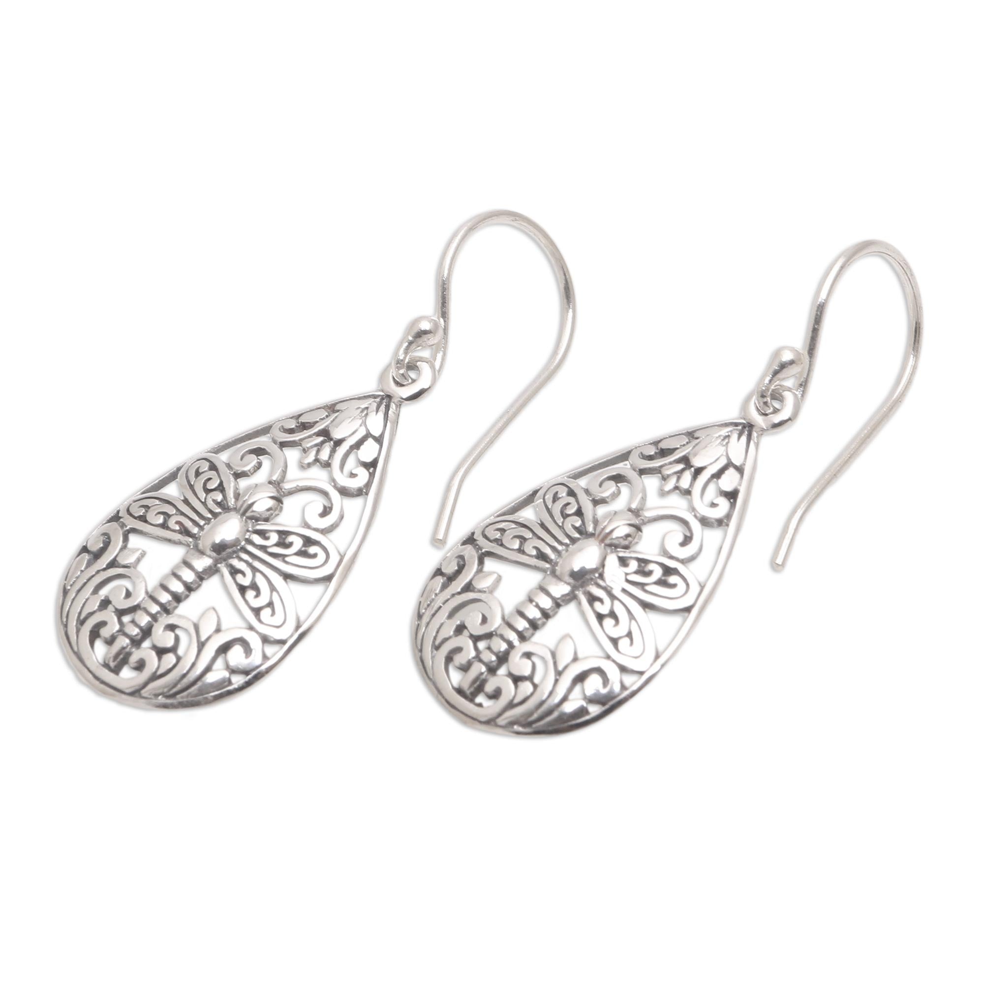 Premium Lone Dragonfly Sterling Silver Dangle Earrings – Artisan Crafted in Bali