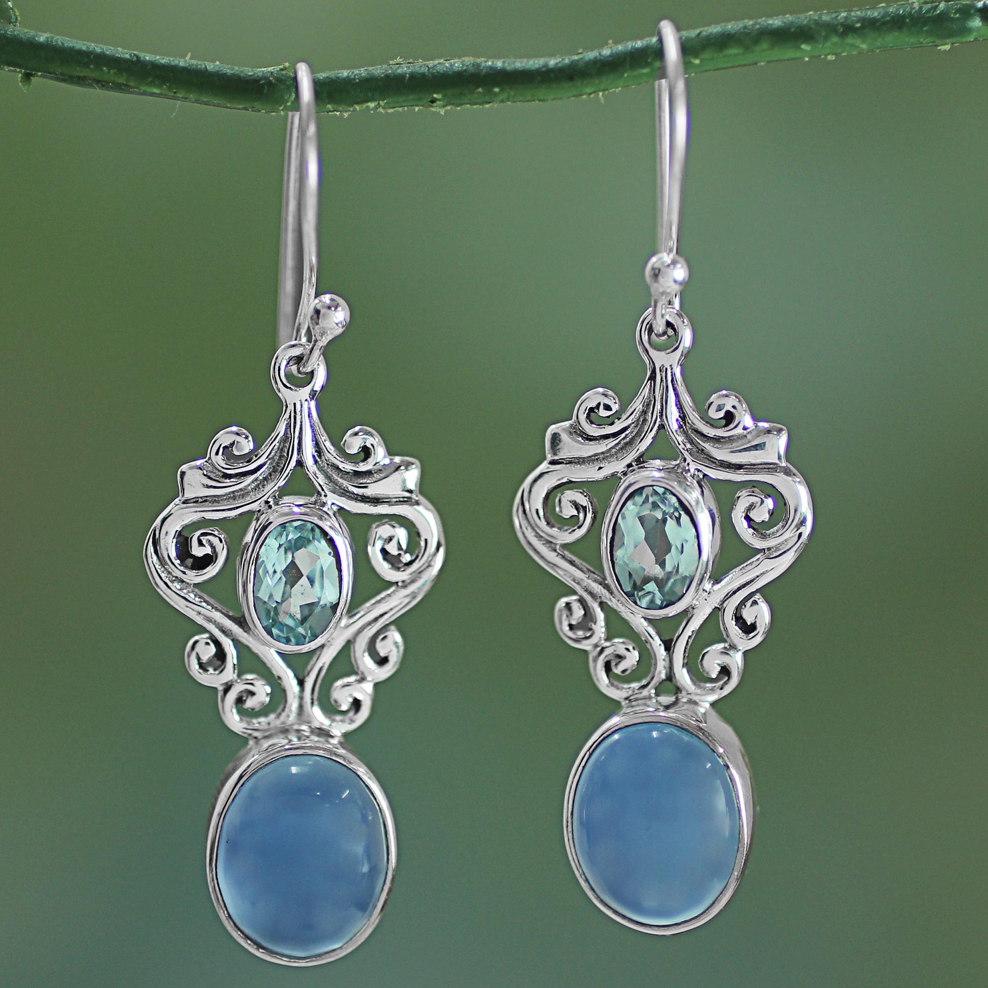 Premium Harmonious Blue Dangle Earrings - Handcrafted with Blue Chalcedony & Topaz