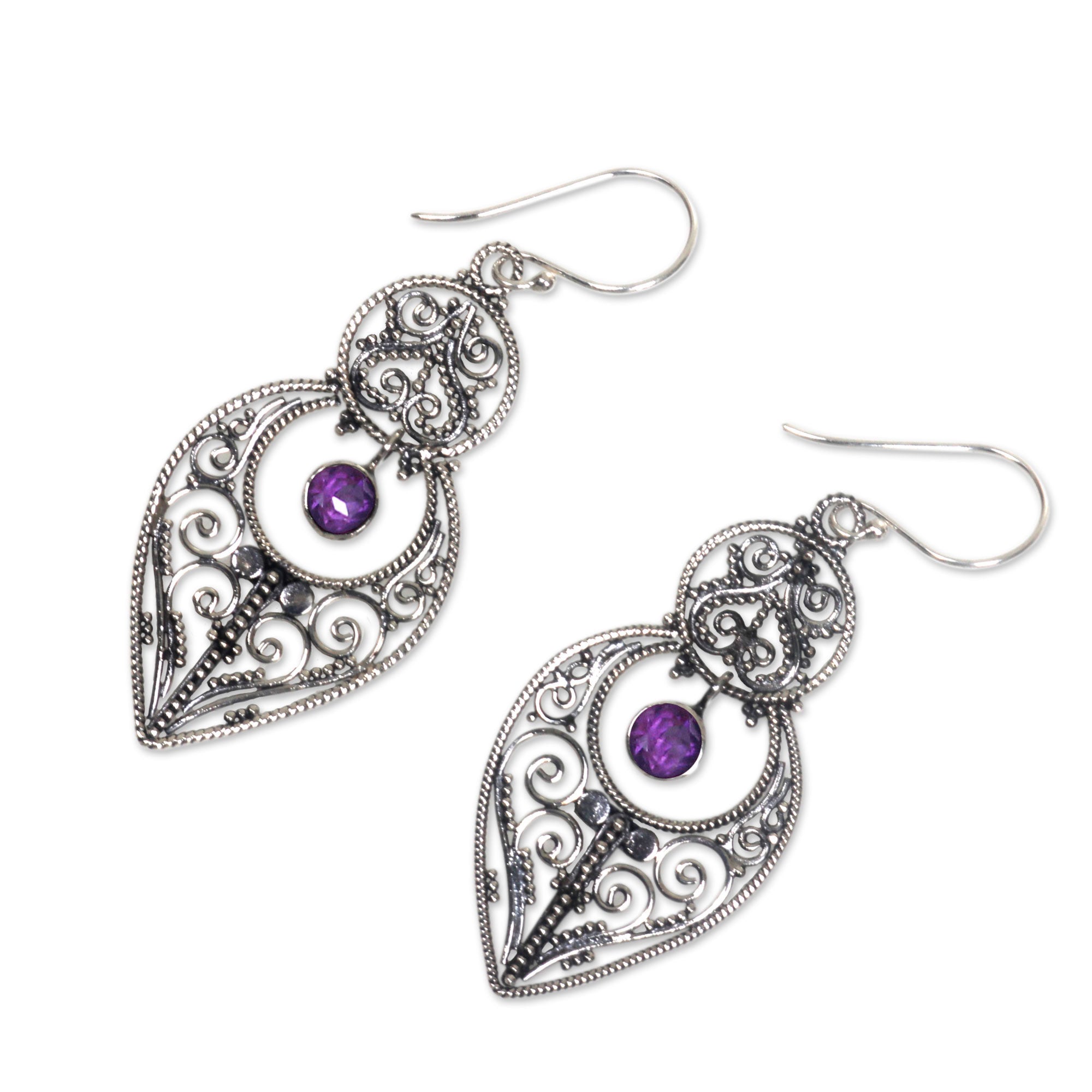 Premium Majapahit Amethyst Sterling Silver Dangle Earrings - Bali Handcrafted Jewelry