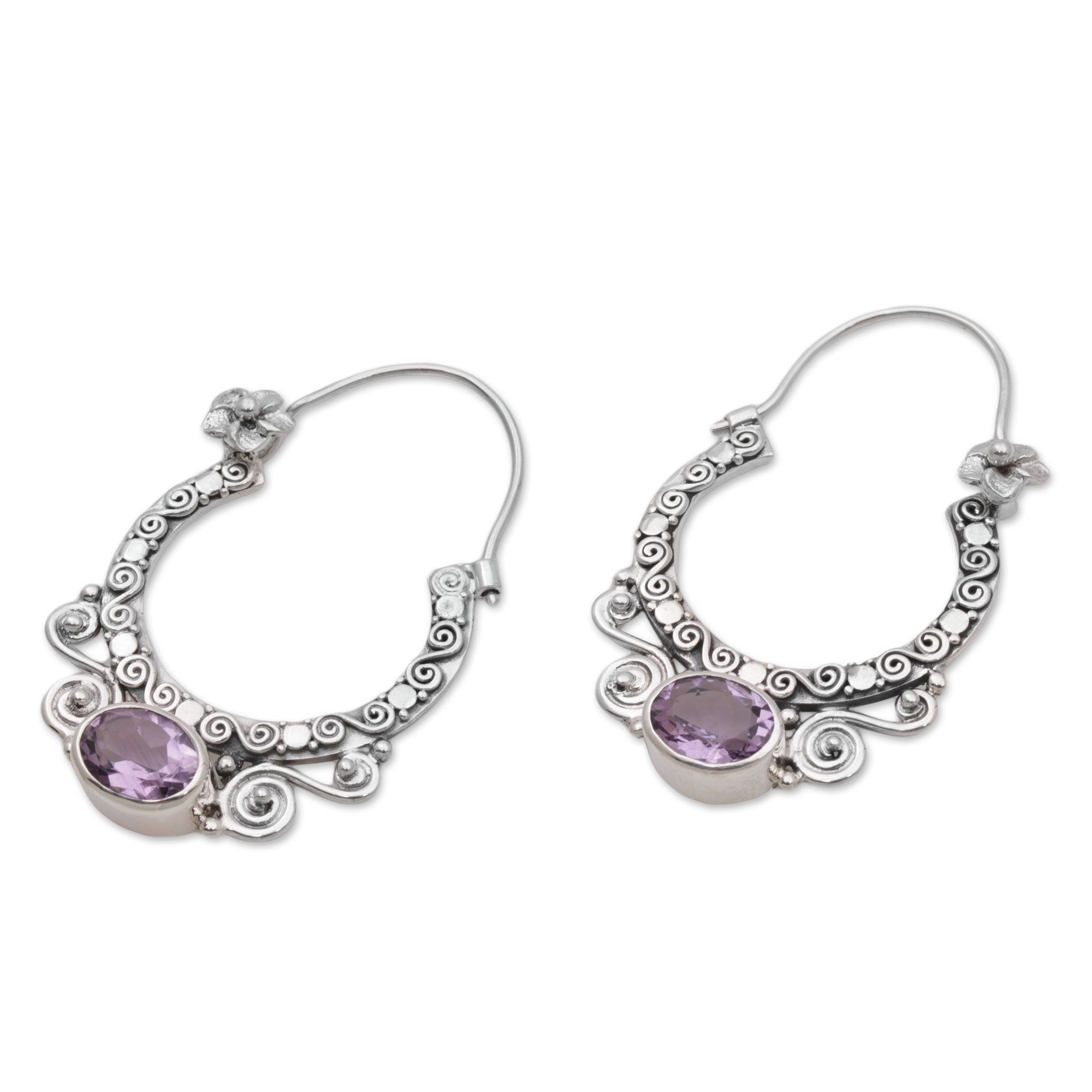 Premium Spiral Arches Amethyst & Silver Hoop Earrings