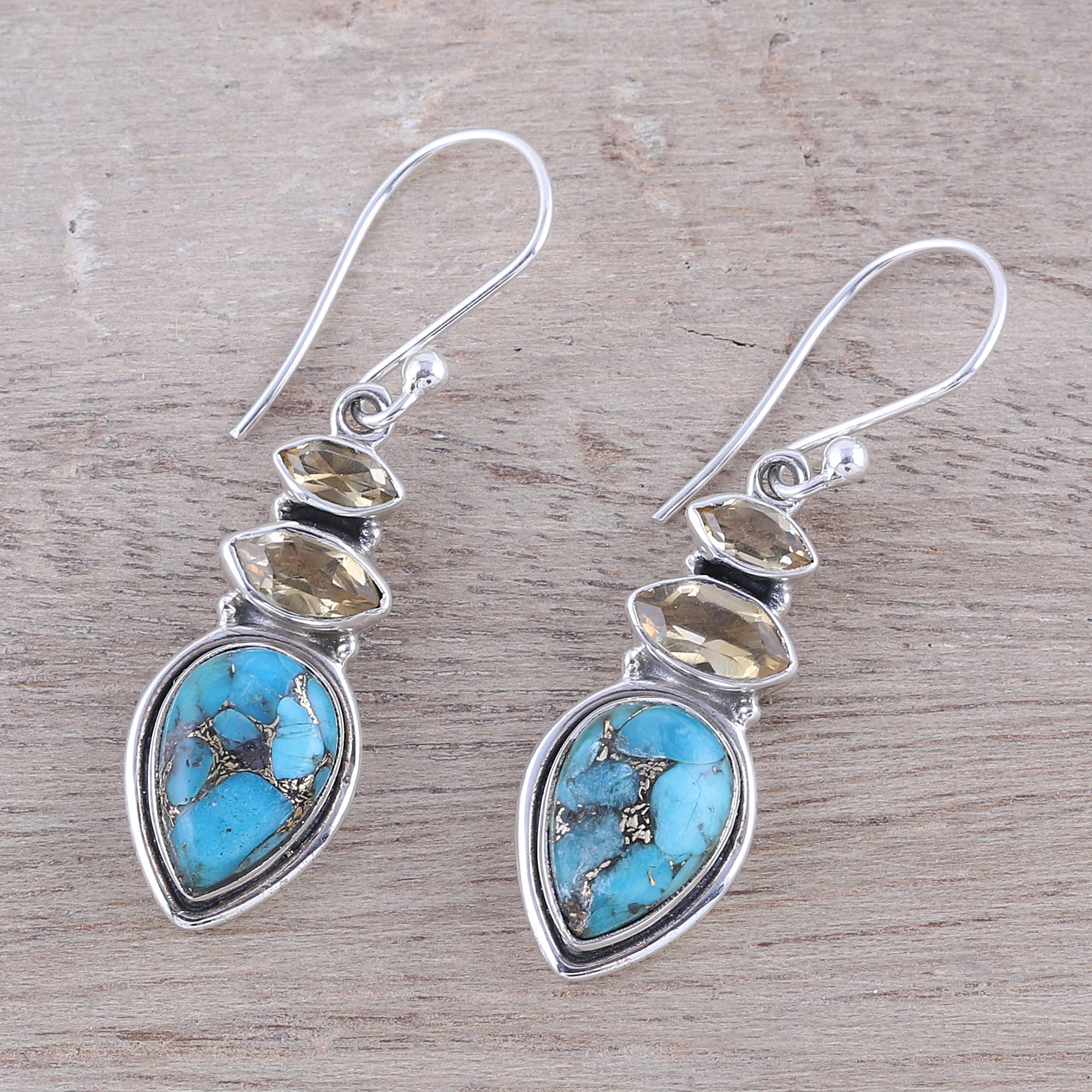 Premium Citrine & Turquoise Sterling Silver Dangle Earrings – Handcrafted in India