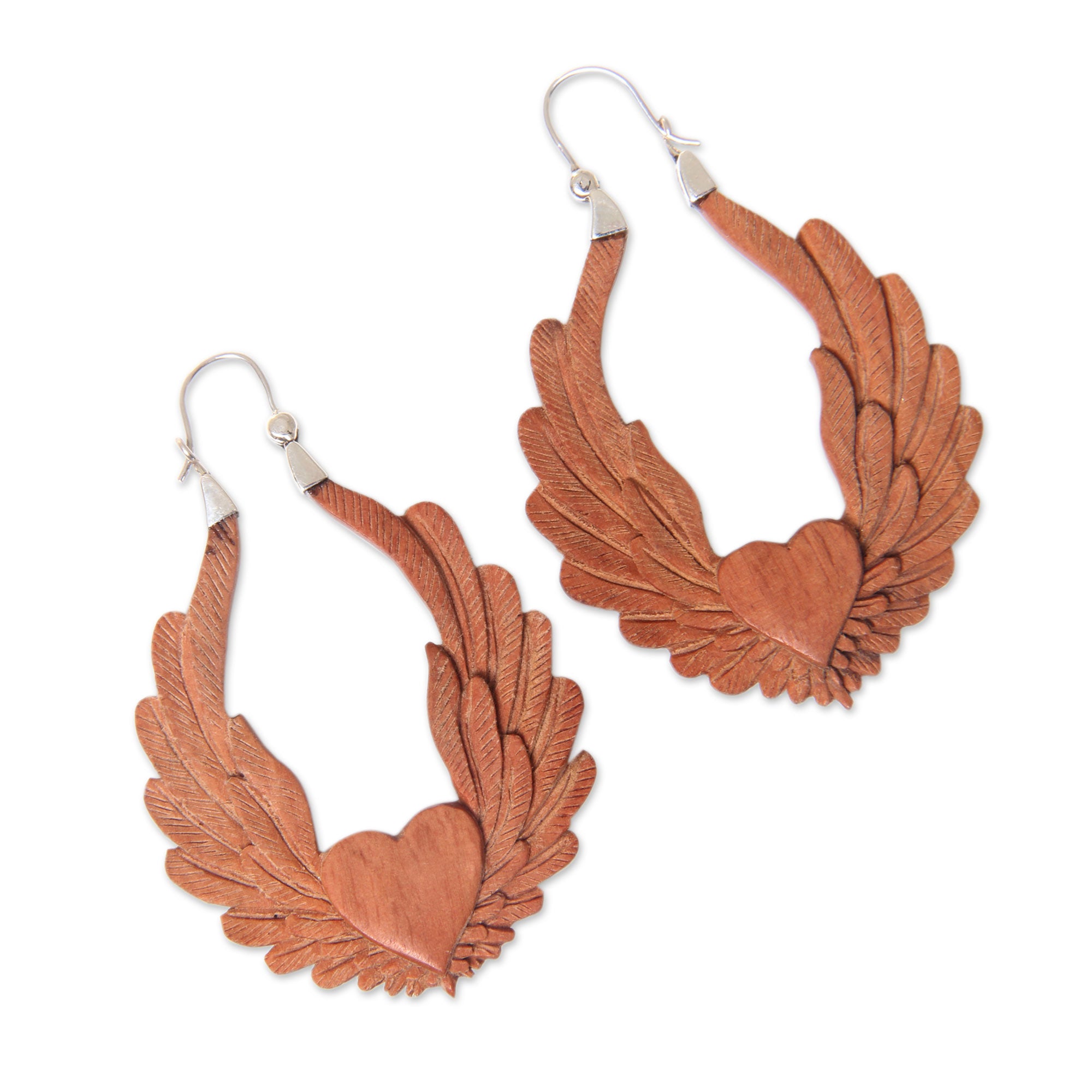 Premium Angel Heart Wood & Silver Heart Shaped Earrings – Handmade Elegance