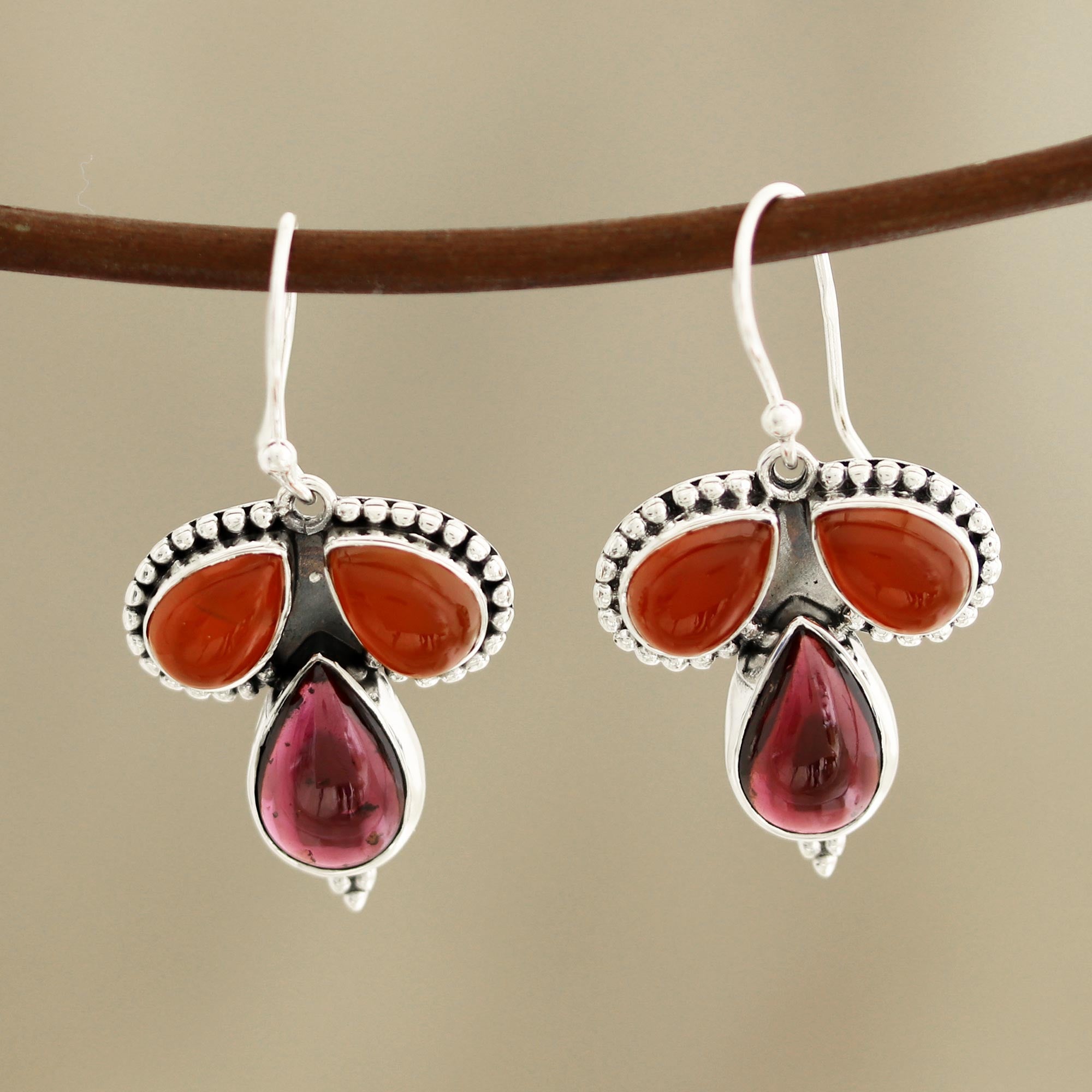 Premium Trio Teardrop Carnelian & Garnet Dangle Earrings - Handcrafted in India