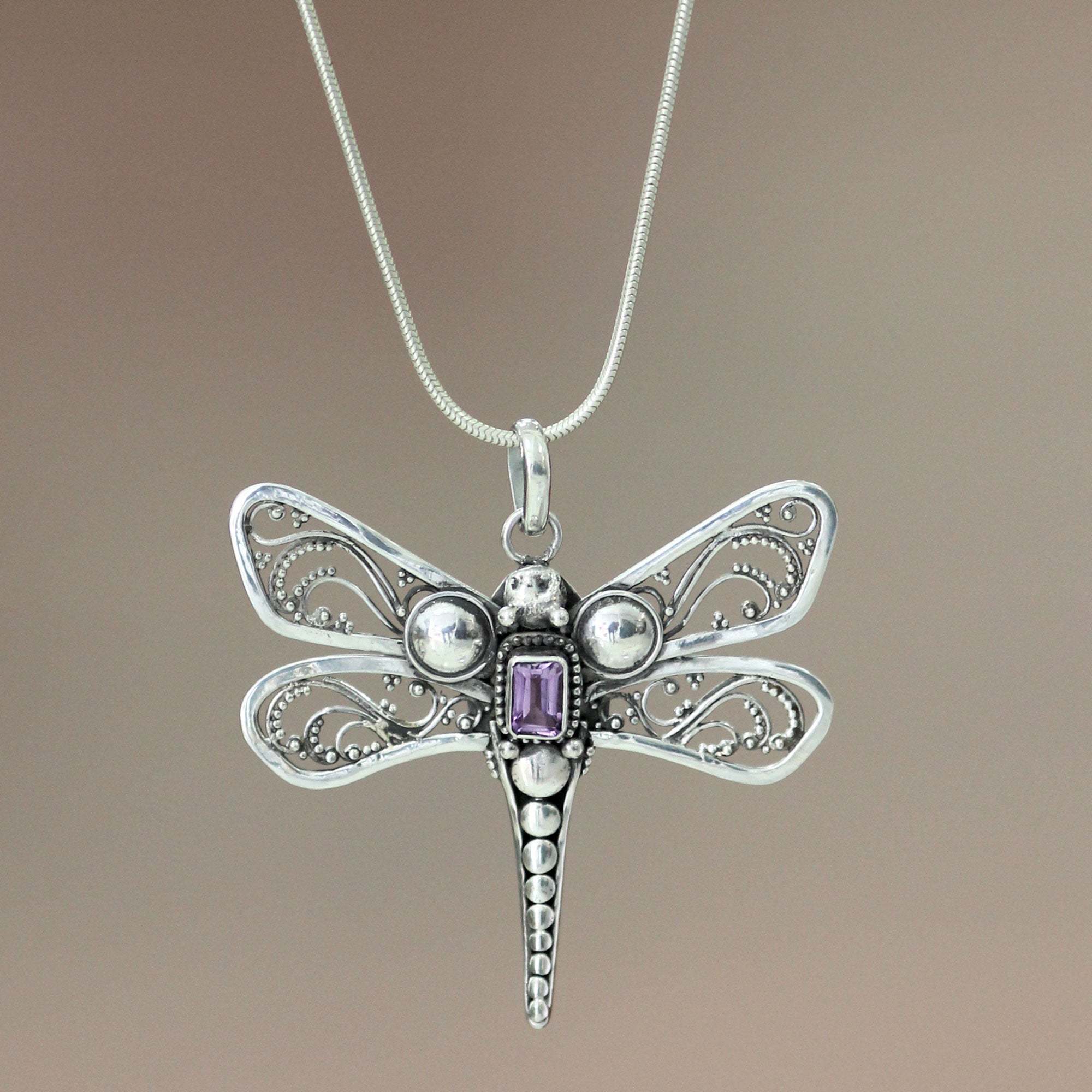 Premium Lavender Dragonfly Amethyst Sterling Silver Necklace - Handmade in Bali