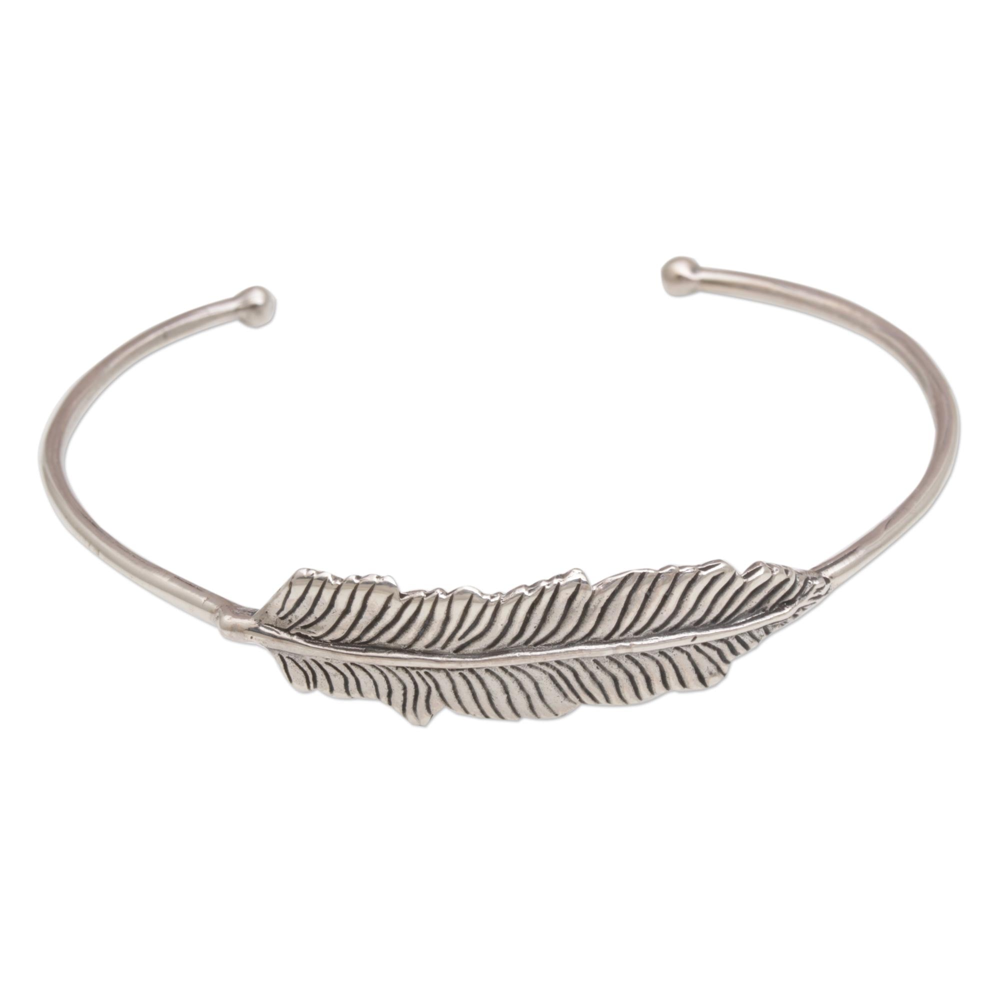 Premium Handcrafted Bali Silver Feather Cuff Bracelet - 925 Sterling Silver