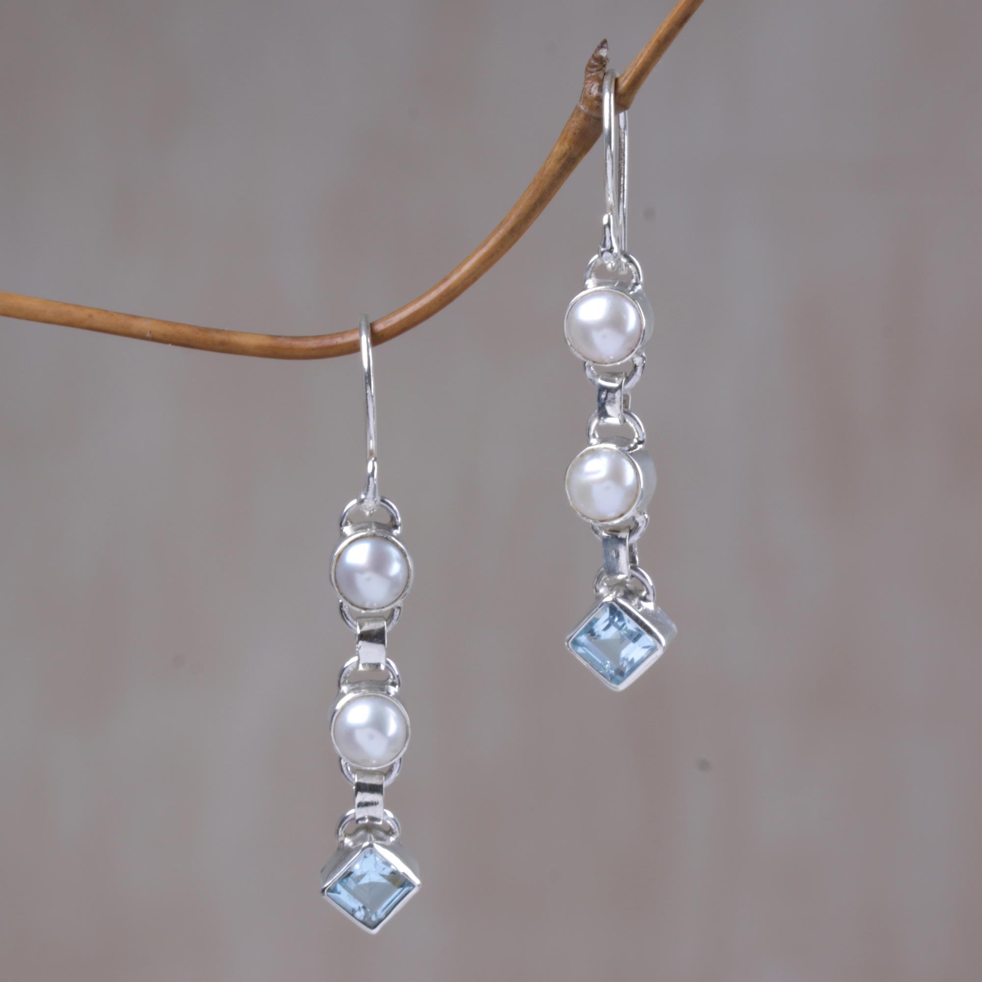 Premium Silver Trail Blue Topaz & Pearl Dangle Earrings - Handcrafted Elegance