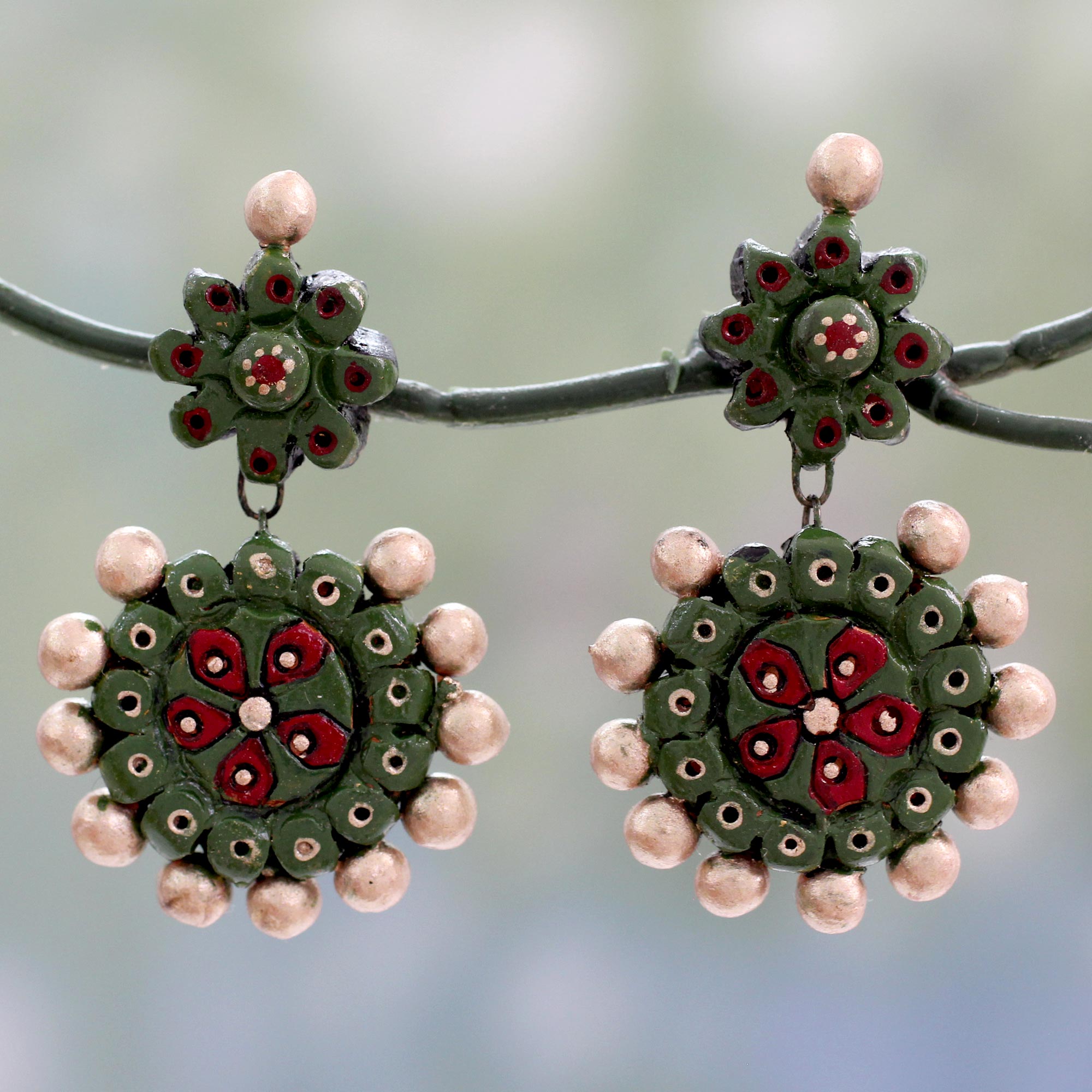 Premium Woodland Wonder Ceramic Dangle Earrings – Handcrafted Green & Gold Jewelry from India