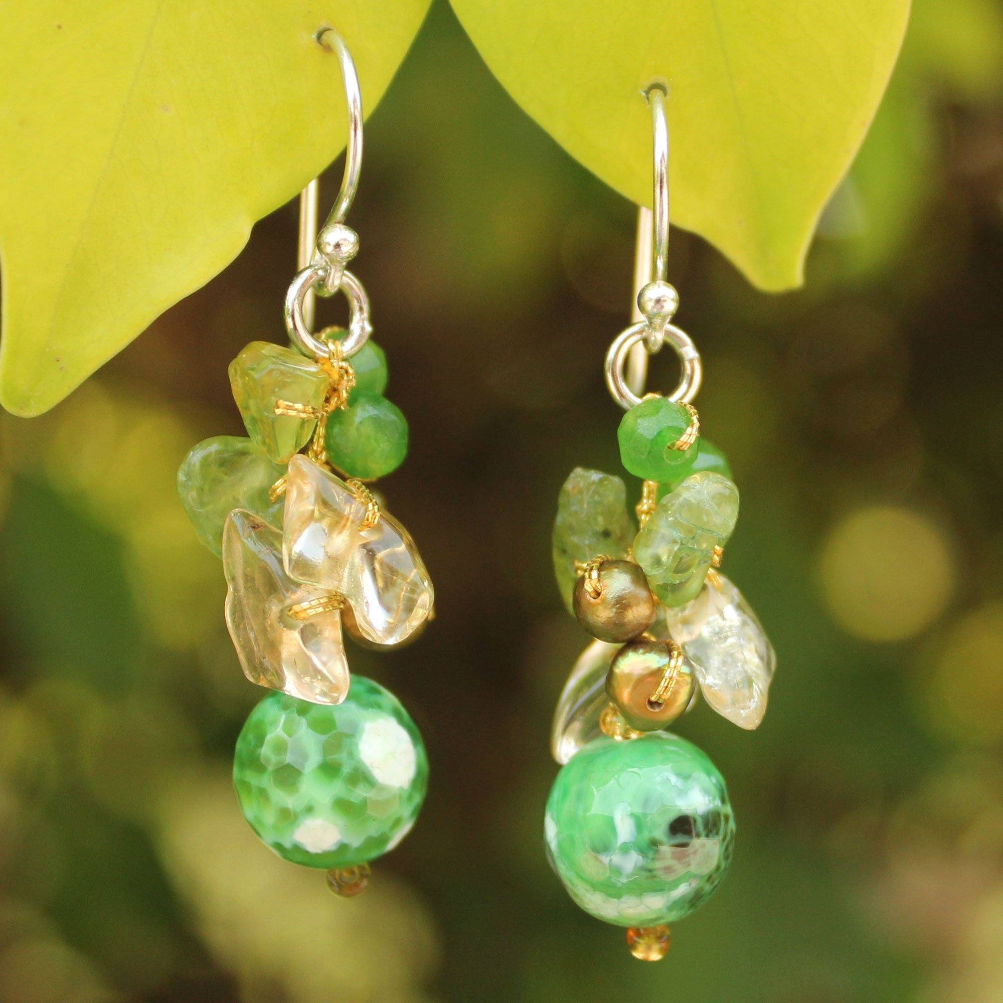 Premium Green Multi-Gem & Pearl Beaded Earrings - Handcrafted Elegance