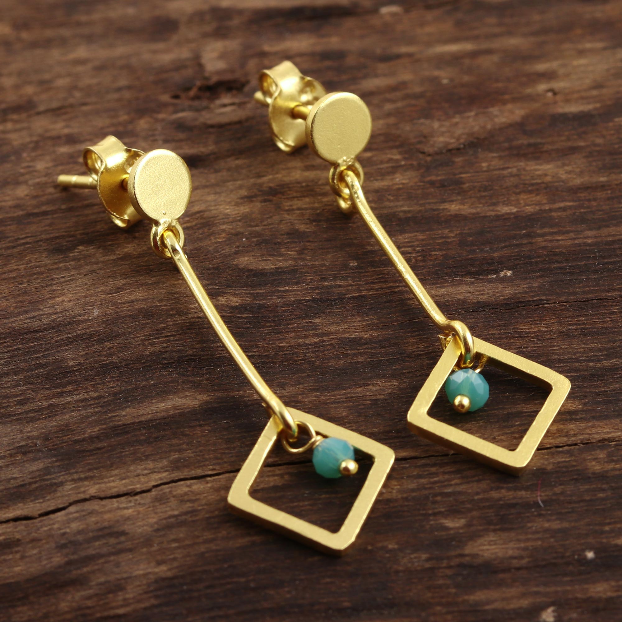 Premium Square Dazzle 22k Gold Plated Chalcedony Dangle Earrings - Handcrafted in India