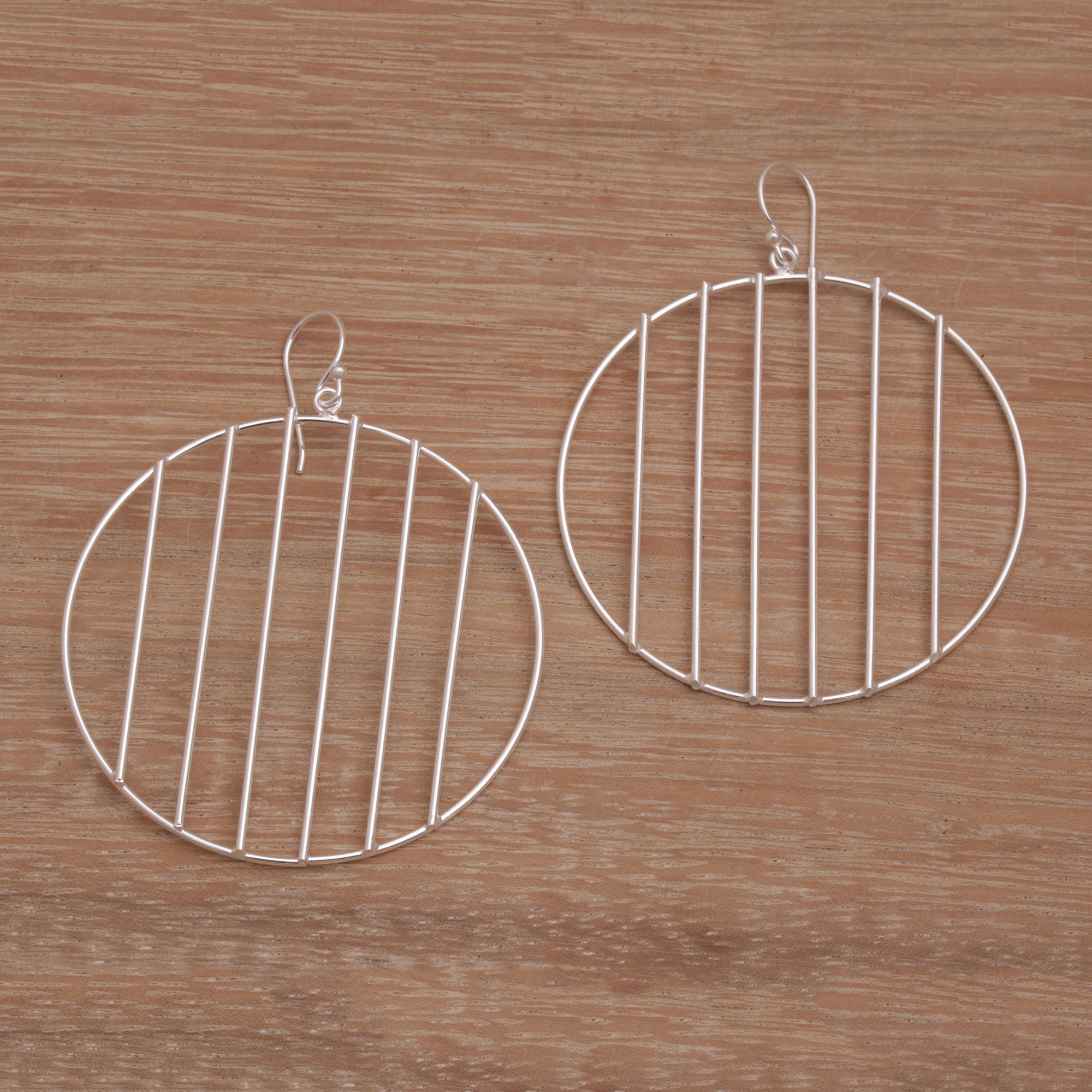 Premium Sterling Silver Vertical Line Circle Dangle Earrings by Desi Antari