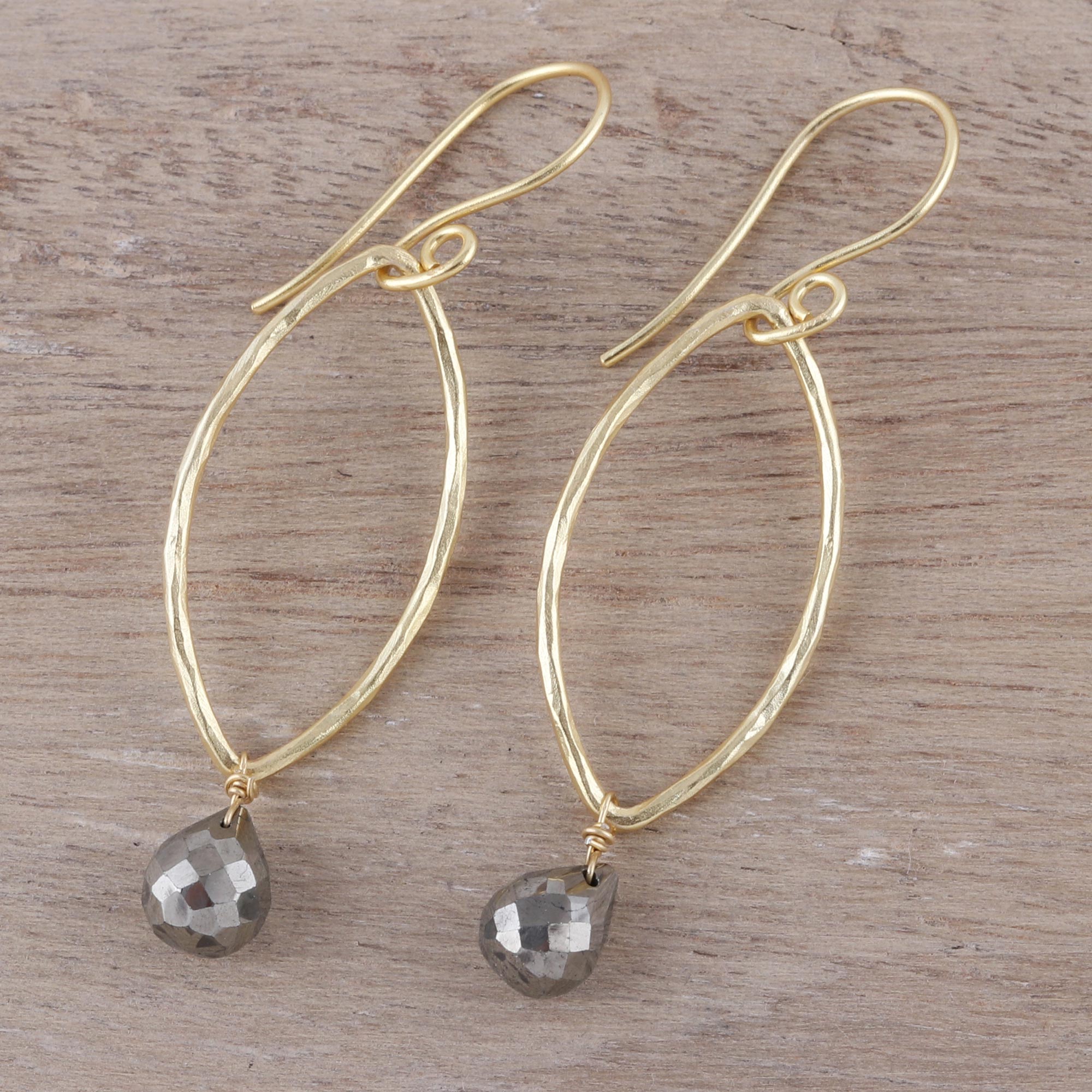 Premium Metallic Gleam Pyrite Dangle Earrings - Handcrafted Gold-Plated Silver