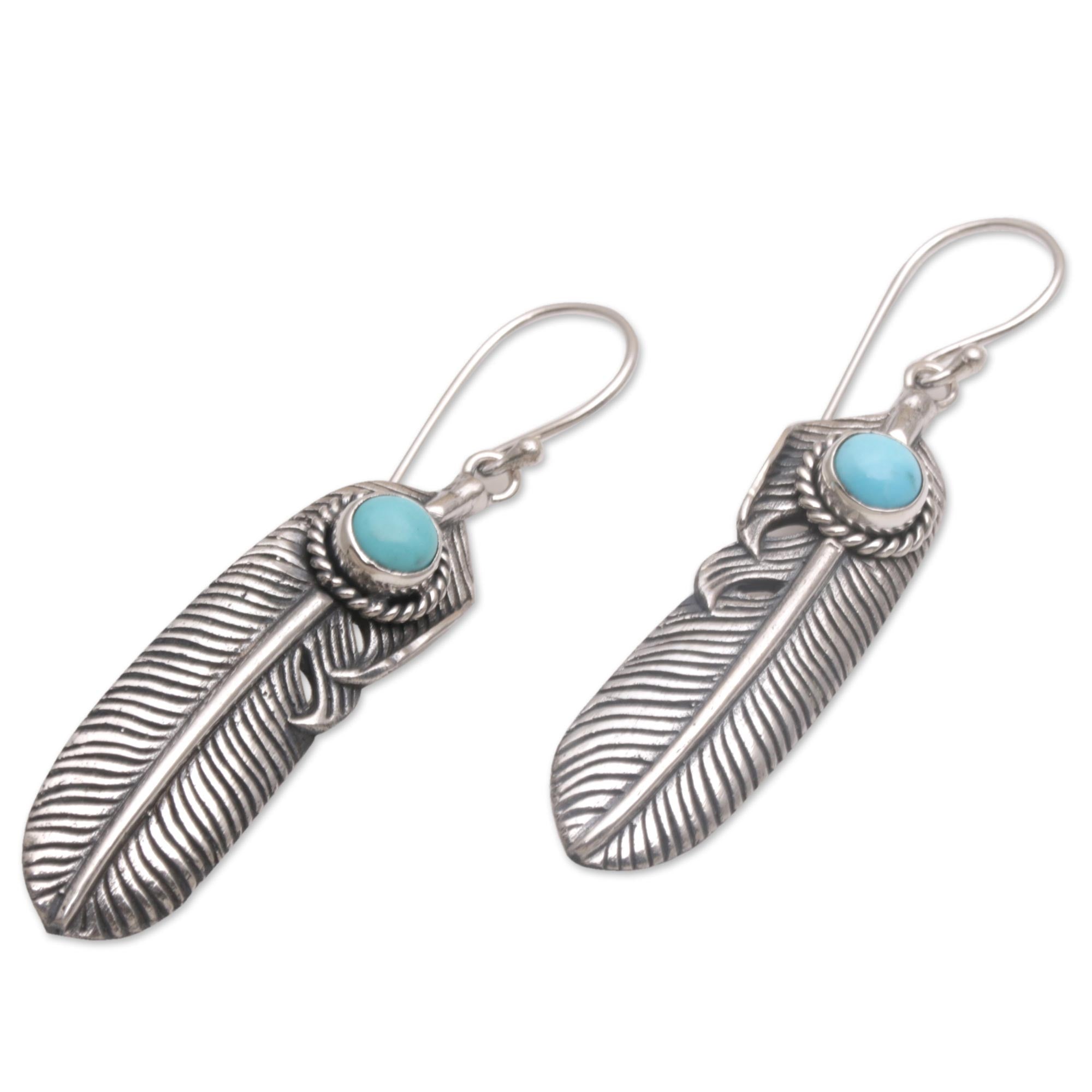 Premium Turquoise & Silver Feather Dangle Earrings – Handcrafted in Bali