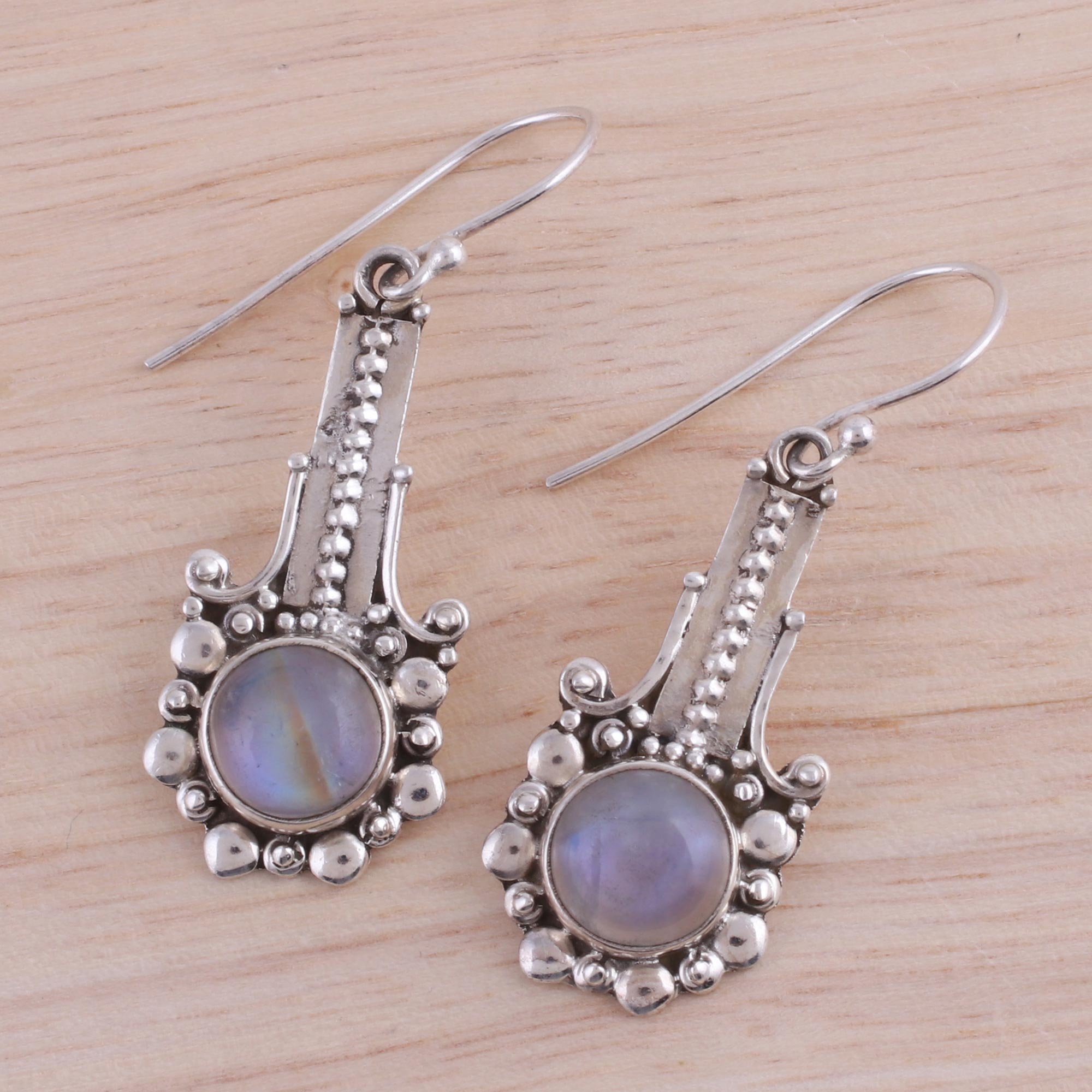 Premium Rainbow Moonstone Sterling Silver Dangle Earrings - Handcrafted in India