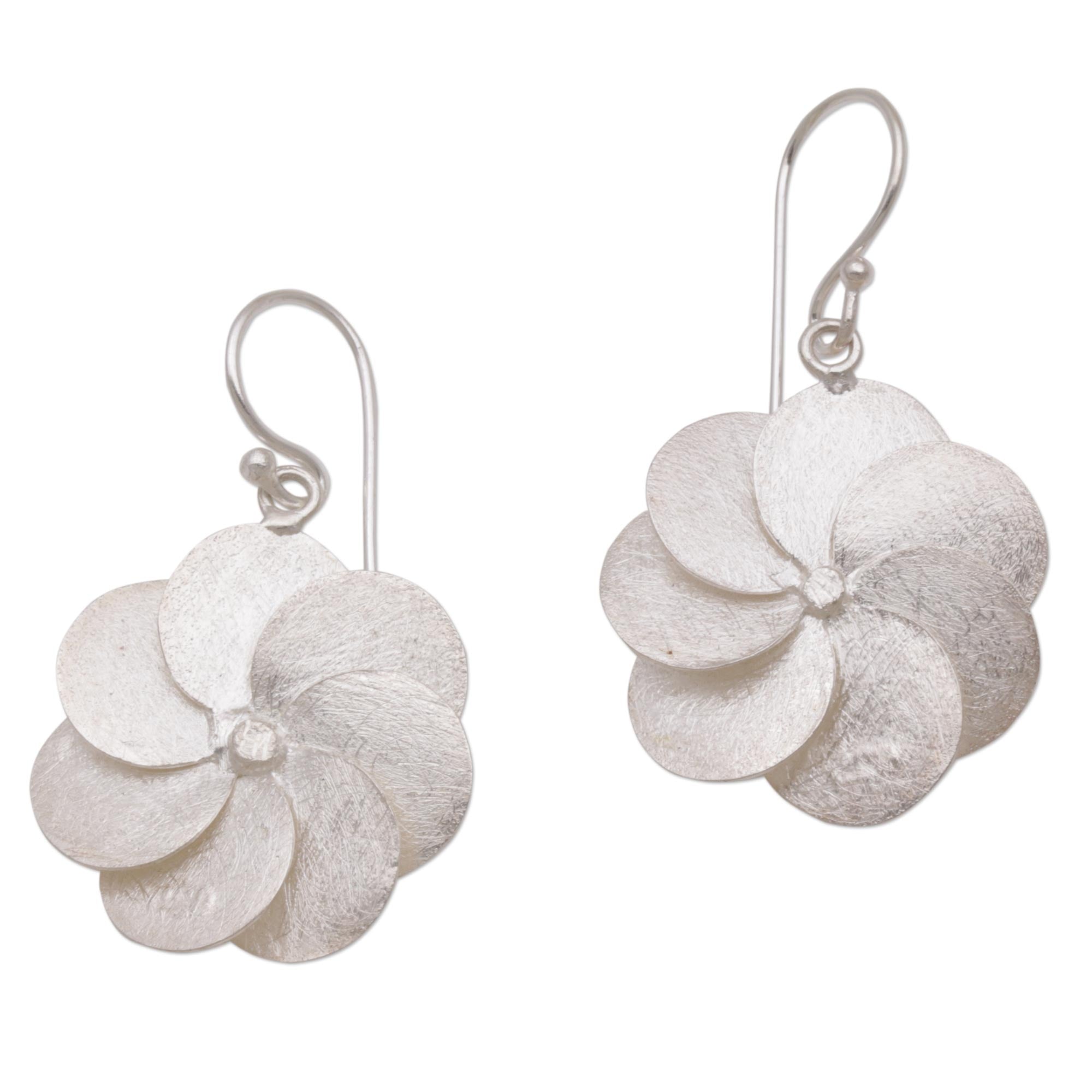 Premium Windmill Floral Sterling Silver Dangle Earrings from Bali - Handcrafted Elegance