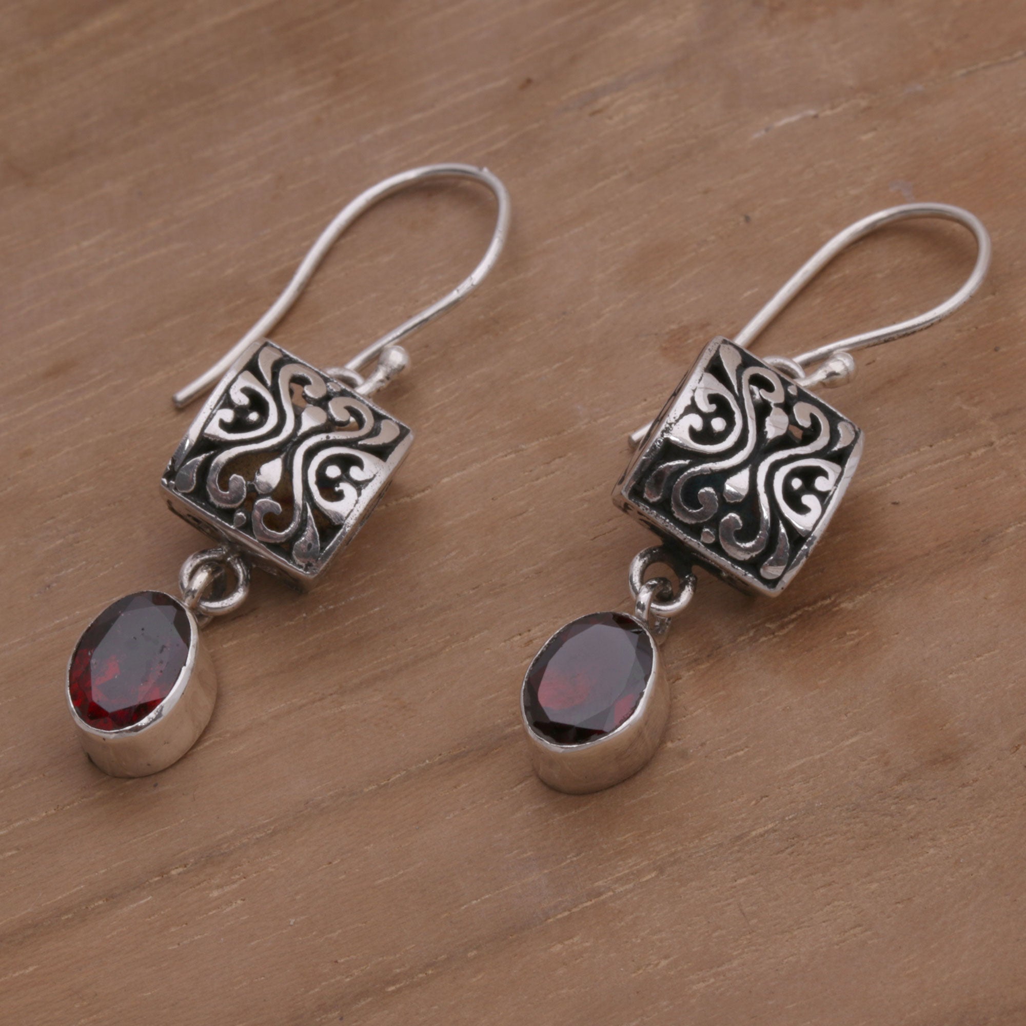 Premium Red Horizon Sterling Silver & Garnet Dangle Earrings - Handcrafted in Bali