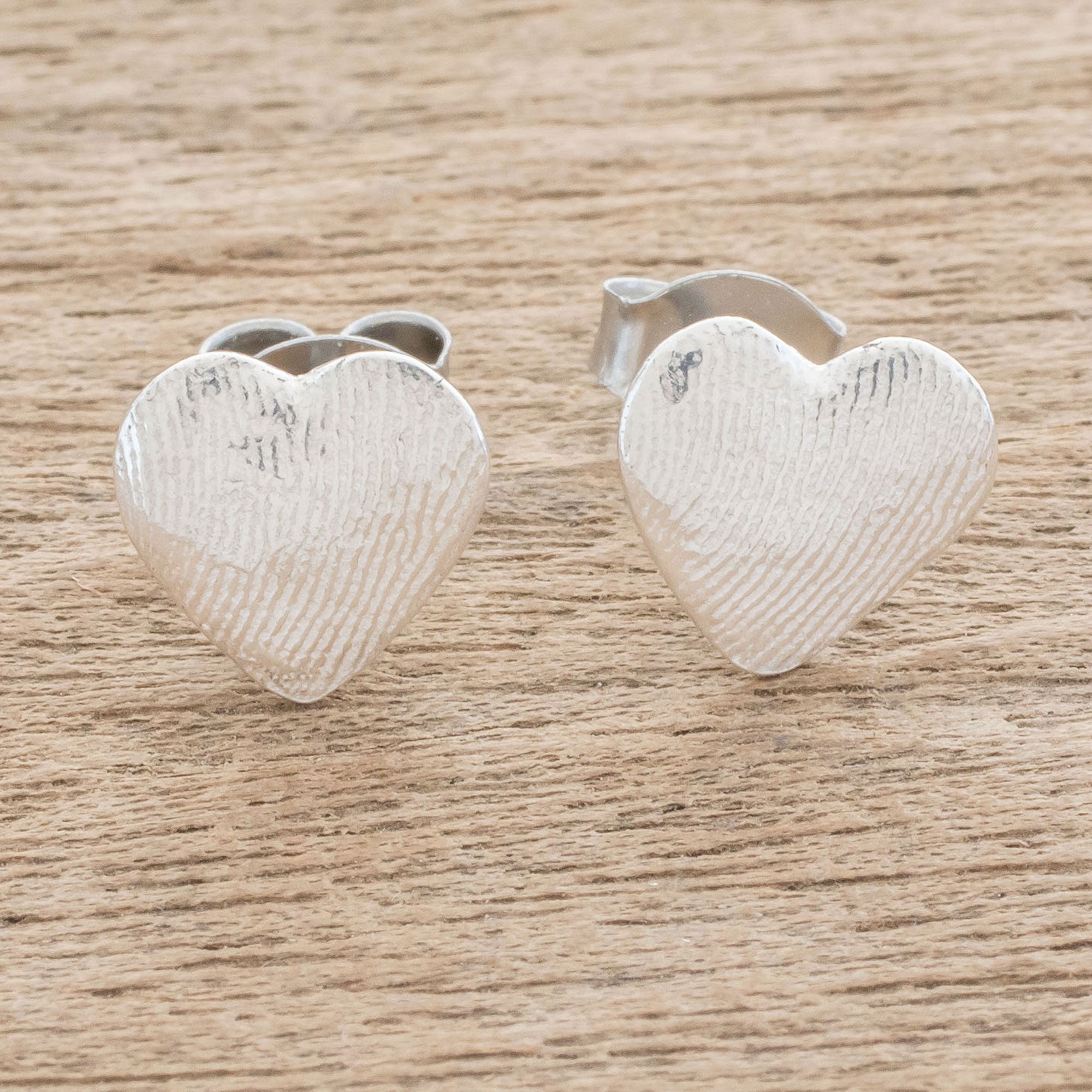 Premium Heart-Shaped Silver Stud Earrings with Artisan Fingerprint Detail