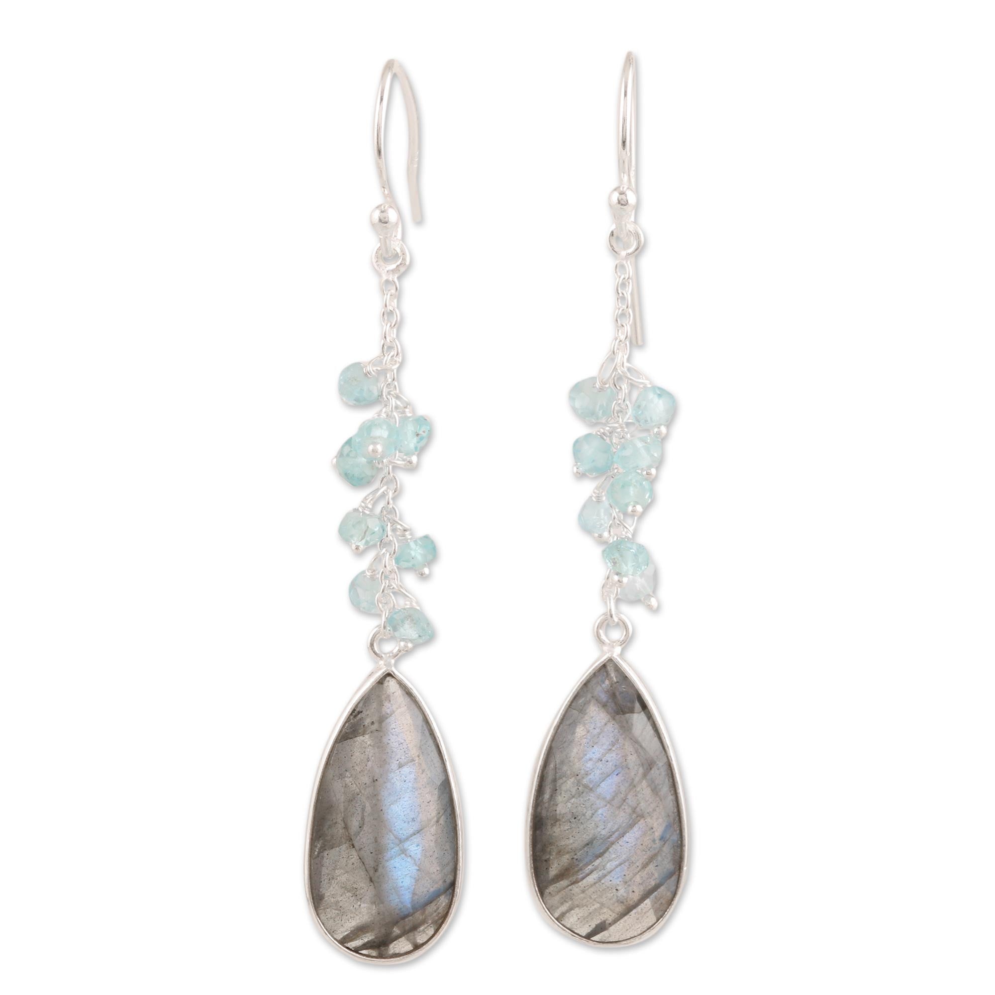 Premium Late Sky 12-Carat Labradorite & Blue Topaz Dangle Earrings