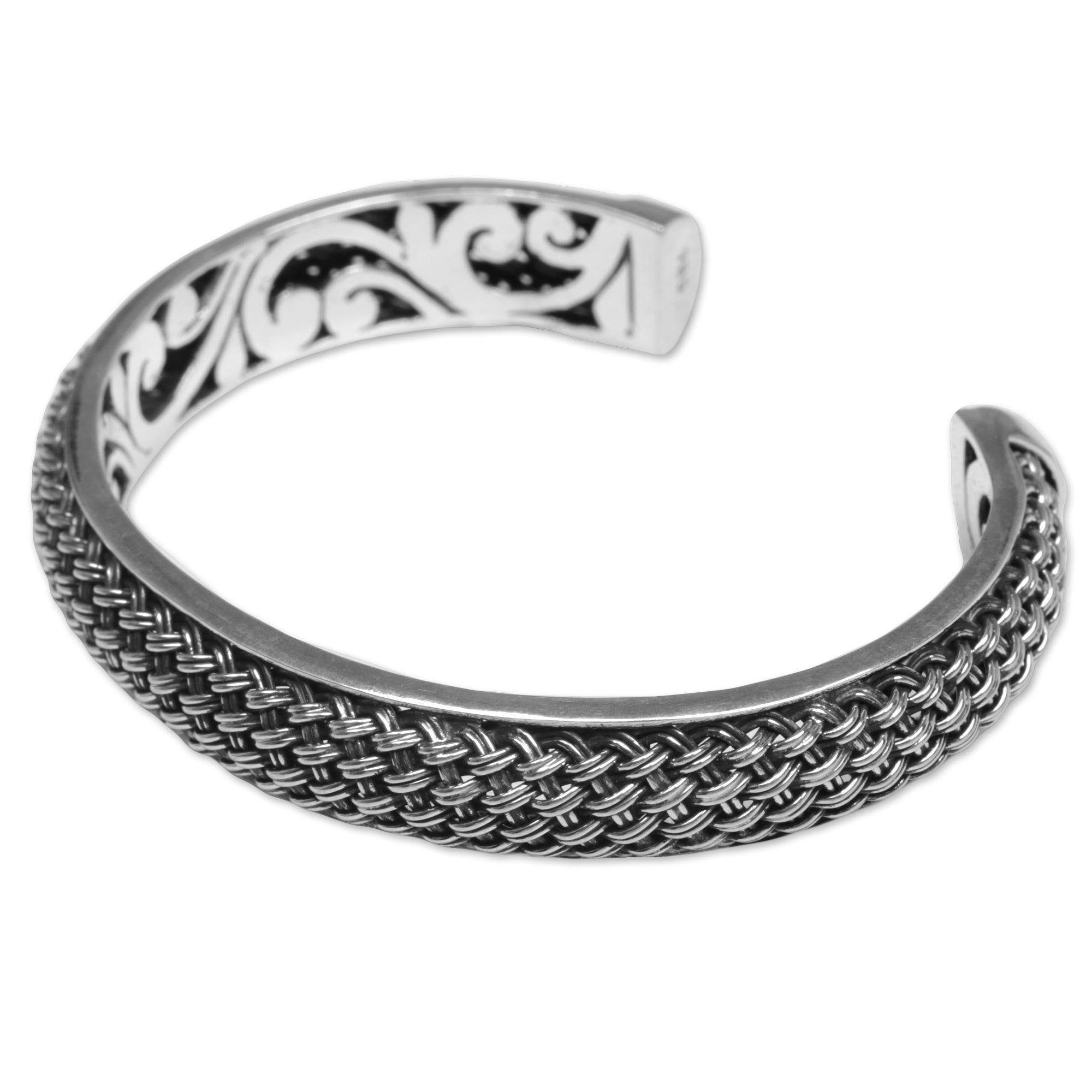 Premium Handcrafted Sterling Silver Woven Chains Cuff Bracelet - Artisan Jewelry from Bali