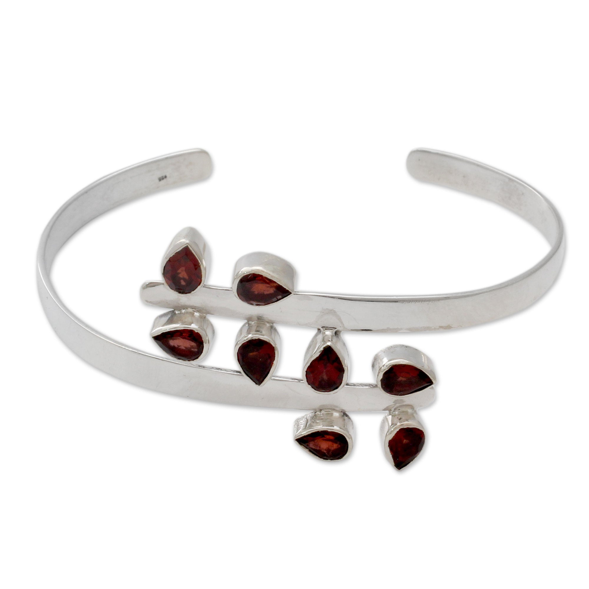 Premium Red Forest Fern Garnet & Silver Cuff Bracelet - Handmade Elegance