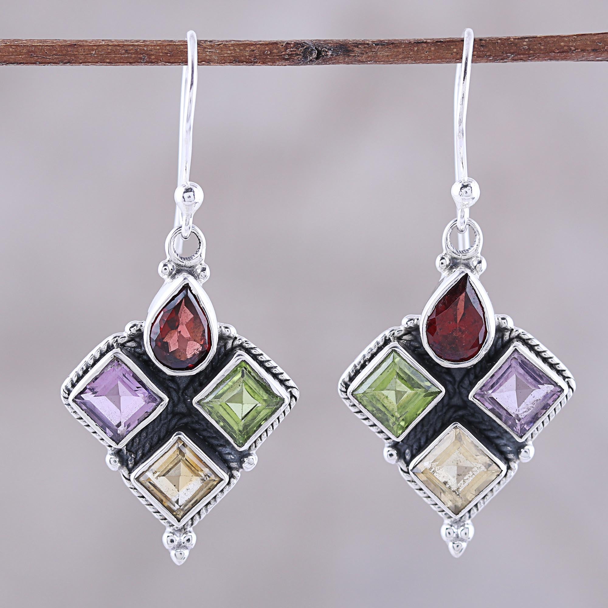 Premium Sparkling Quartet Gemstone Dangle Earrings - Garnet, Citrine, Peridot & Amethyst