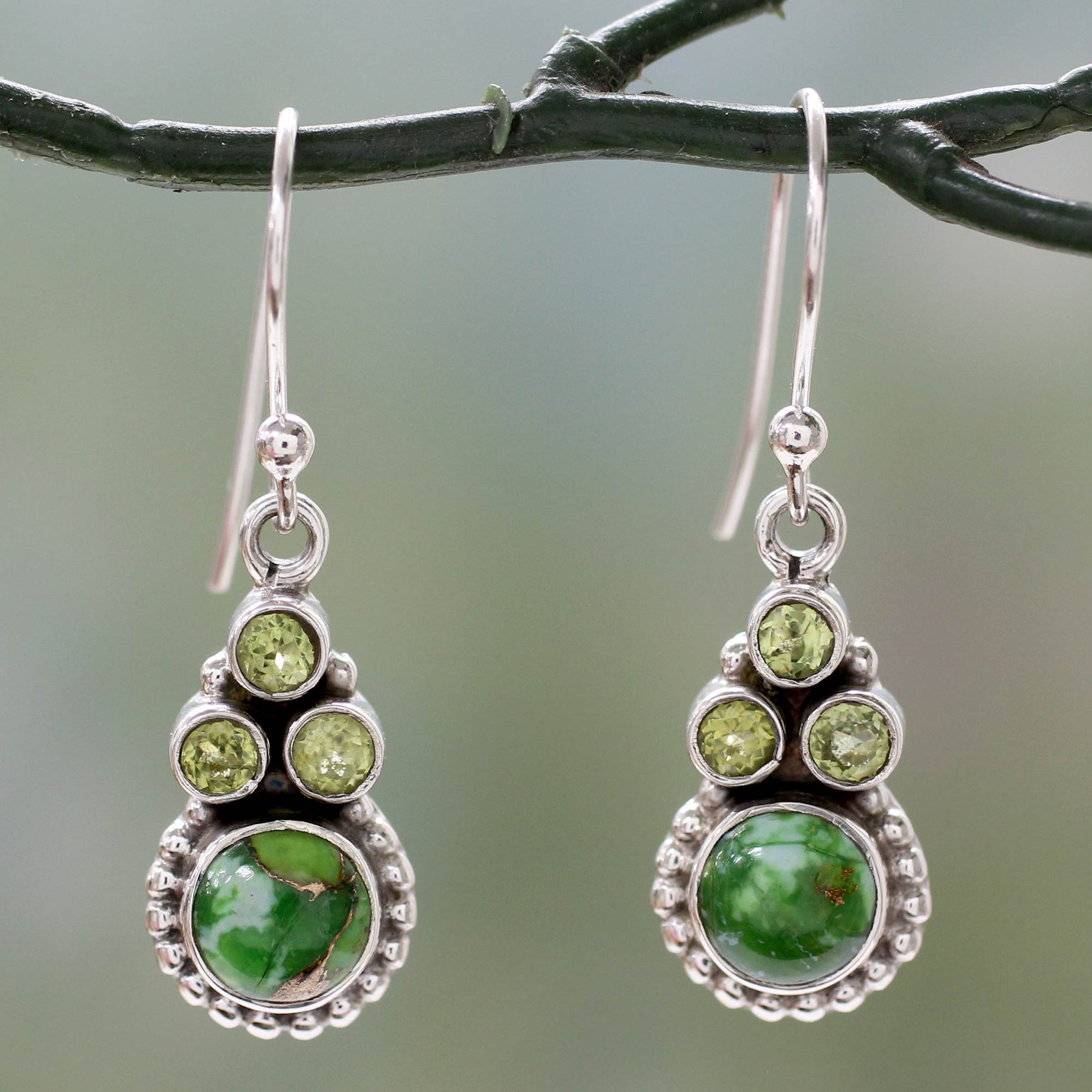 Premium Petite Flower Earrings with Peridot & Turquoise - Sterling Silver