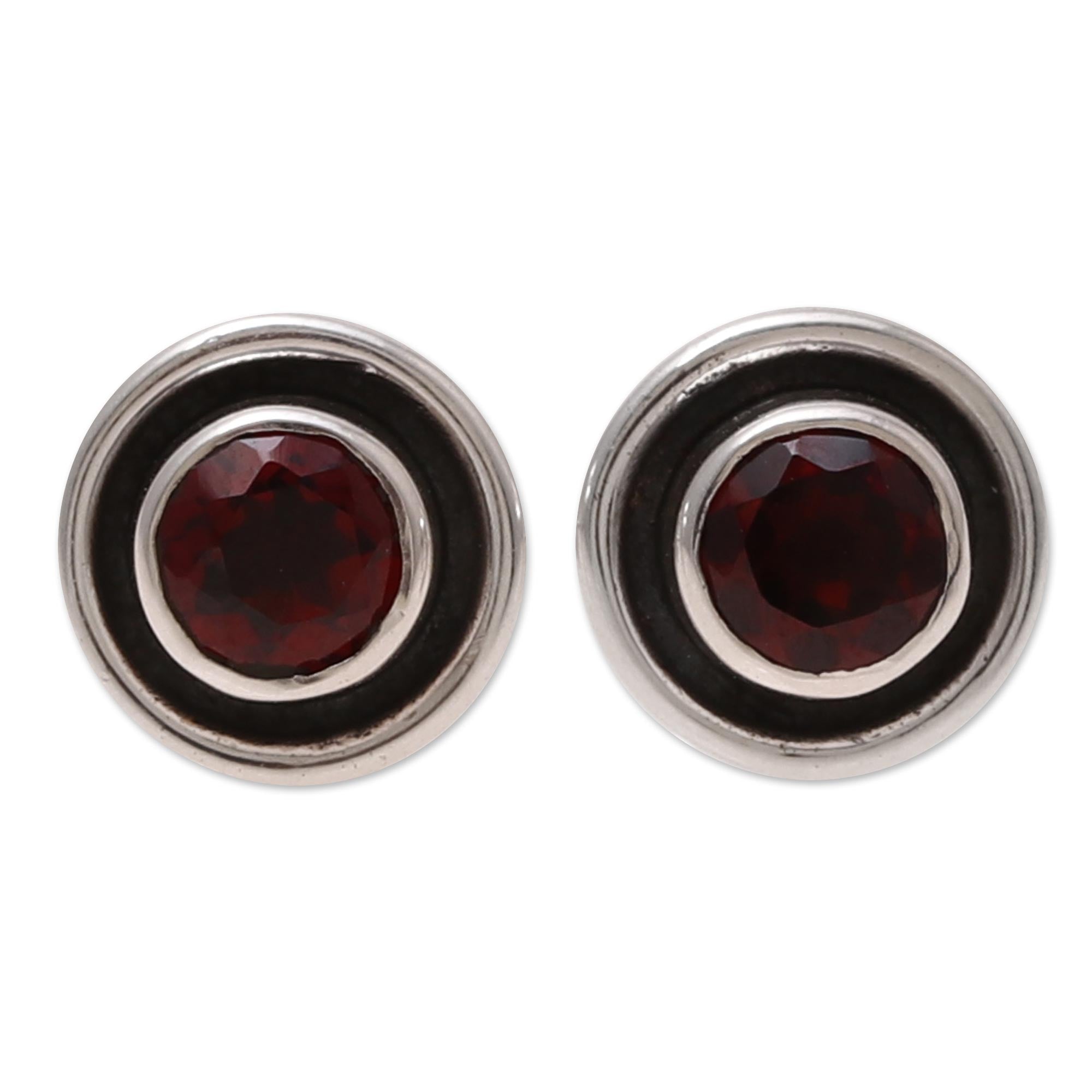 Premium Framed Sparkle Garnet Stud Earrings - Handcrafted Sterling Silver Jewelry