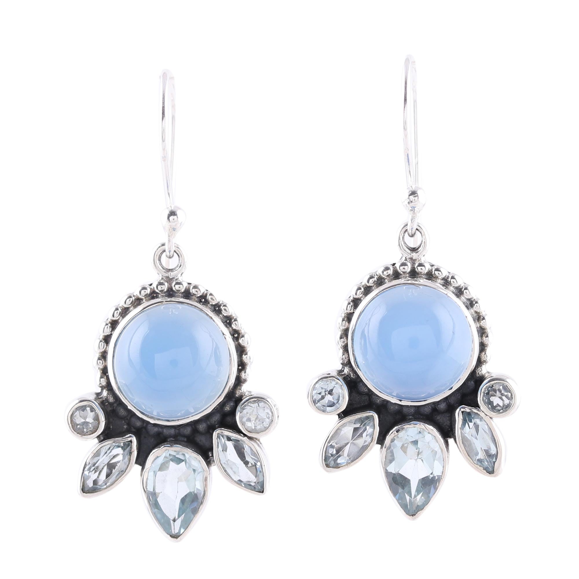 Premium Sky Shimmer Earrings - Chalcedony & Blue Topaz Sterling Silver Dangle