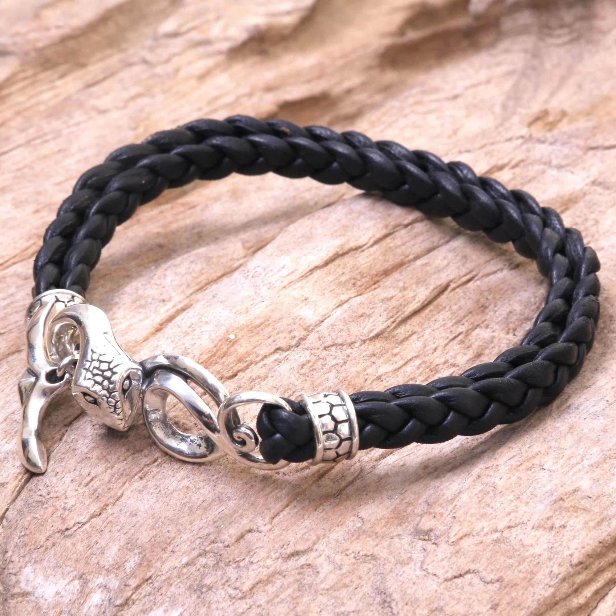 Premium Cobra Men's Black Leather Bracelet – Handcrafted with Sterling Silver Snake Clasp