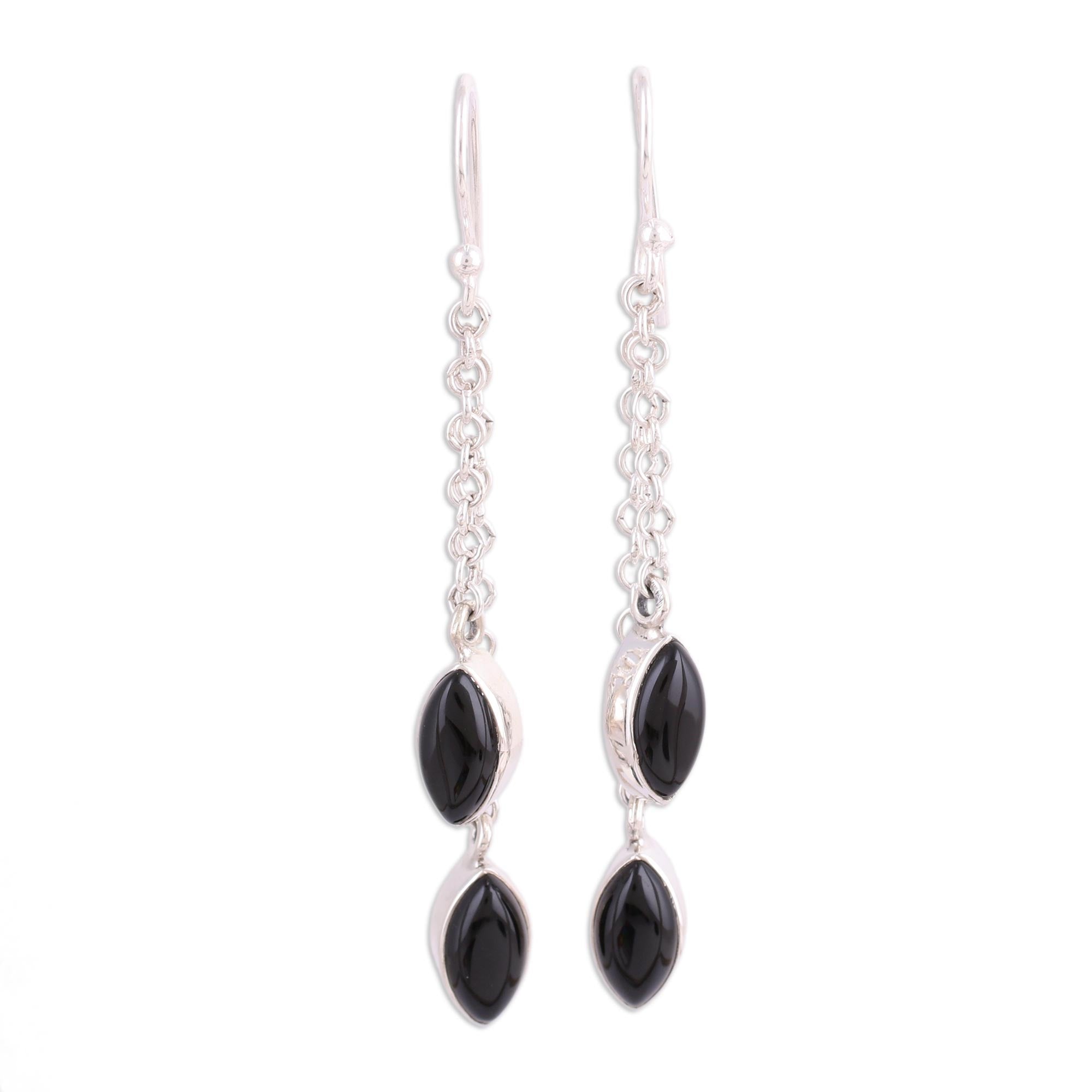 Premium Midnight Onyx and Sterling Silver Dangle Earrings - Handcrafted in India